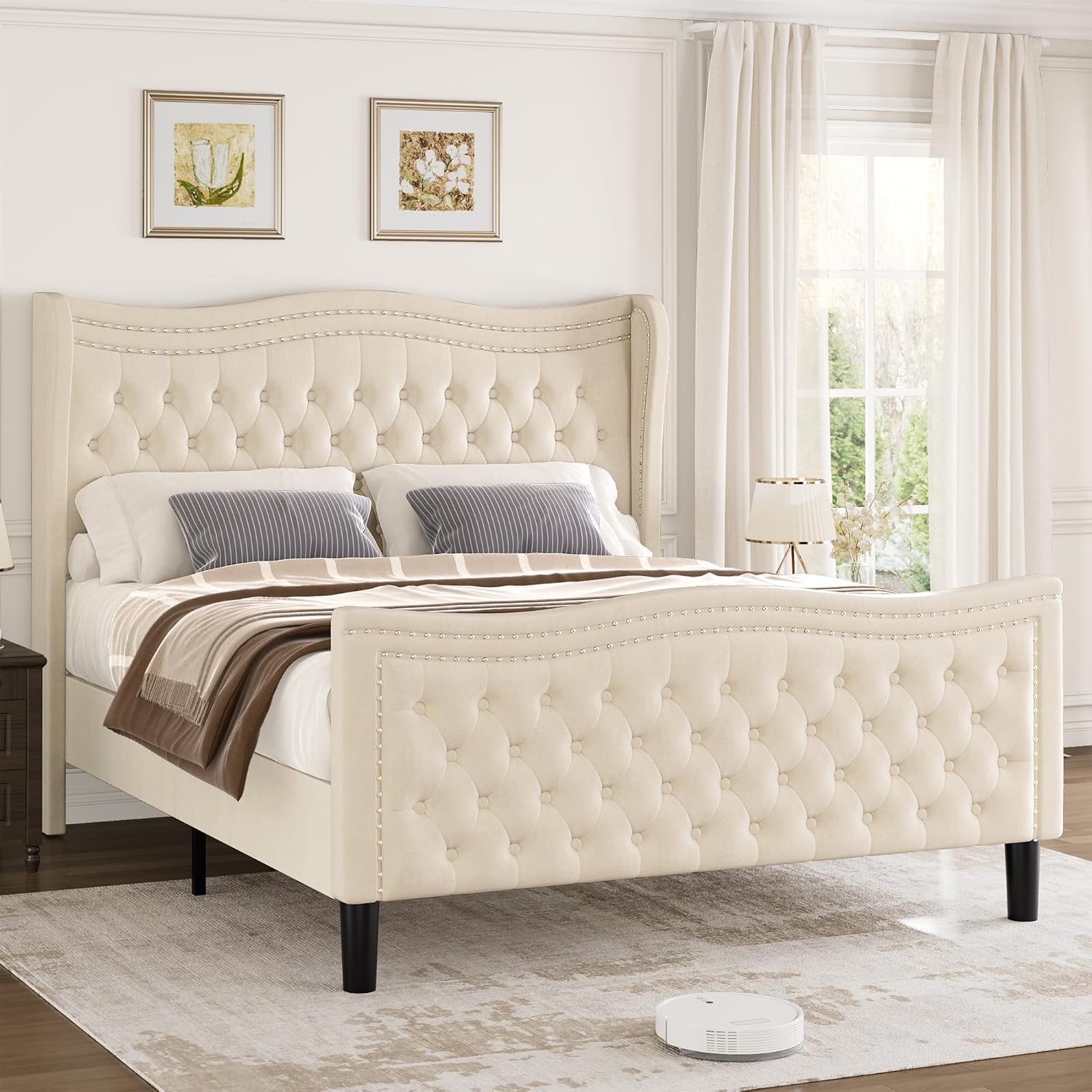 Queen Bed Frame with Tall Headboard & Footboard, Velvet Upholstered Platform Bed Frame with Deep Button Tufted Wingback, No Box Spring Needed, Noise Free, Beige