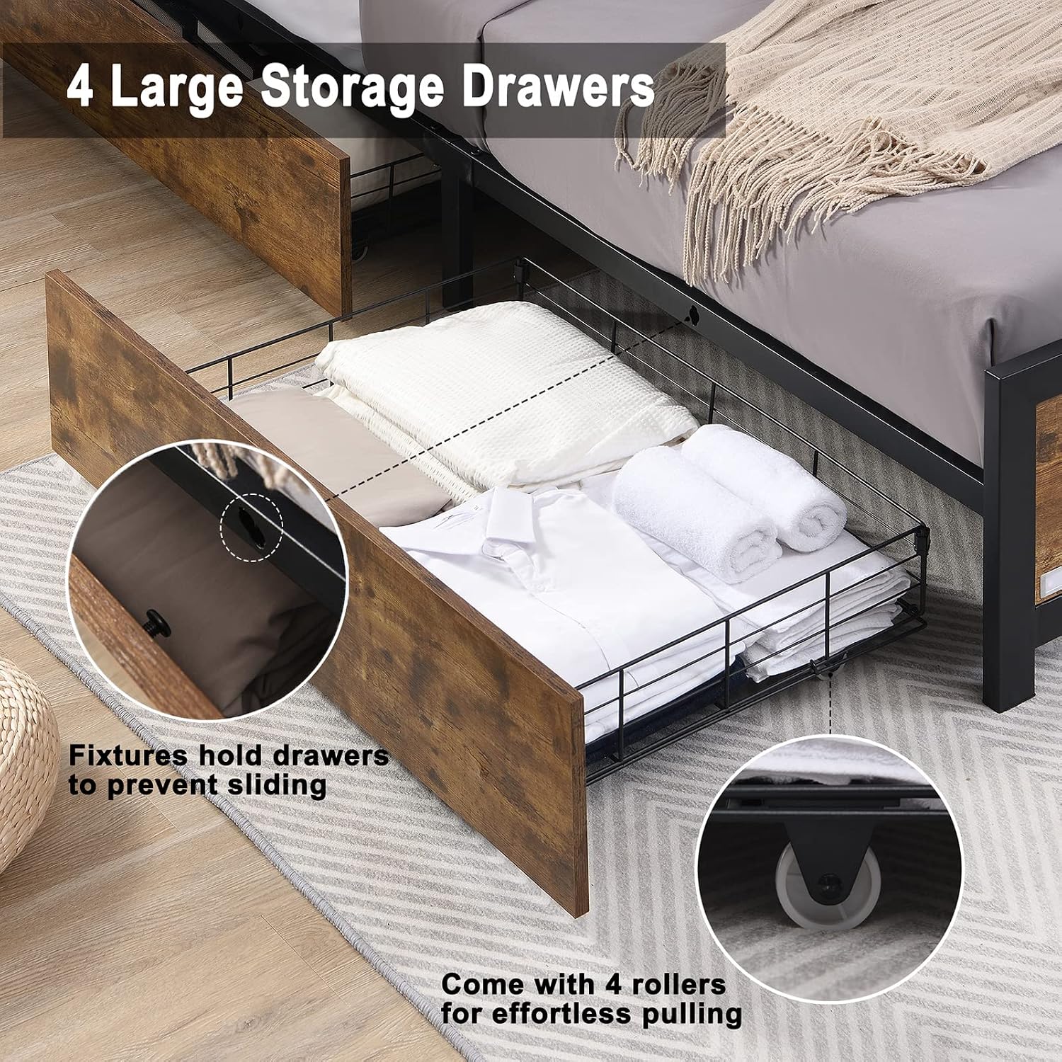 Ailisite Farmhouse Twin Size Bed Frame with Storage and 4 Drawers, Rustic Led Bed Frame with Headboard and Charging Station, Metal Twin Platform Bed Frame No Box Spring Needed, Noise Free, Brown