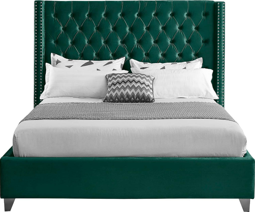 Meridian Furniture Aiden Collection Modern | Contemporary Velvet Upholstered Bed with Deep Button Tufting, Solid Wood Frame, and Custom Chrome Legs, Full, Green