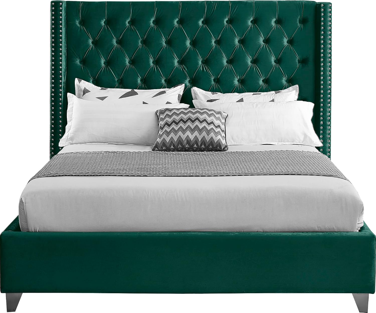 Meridian Furniture Aiden Collection Modern | Contemporary Velvet Upholstered Bed with Deep Button Tufting, Solid Wood Frame, and Custom Chrome Legs, Full, Green