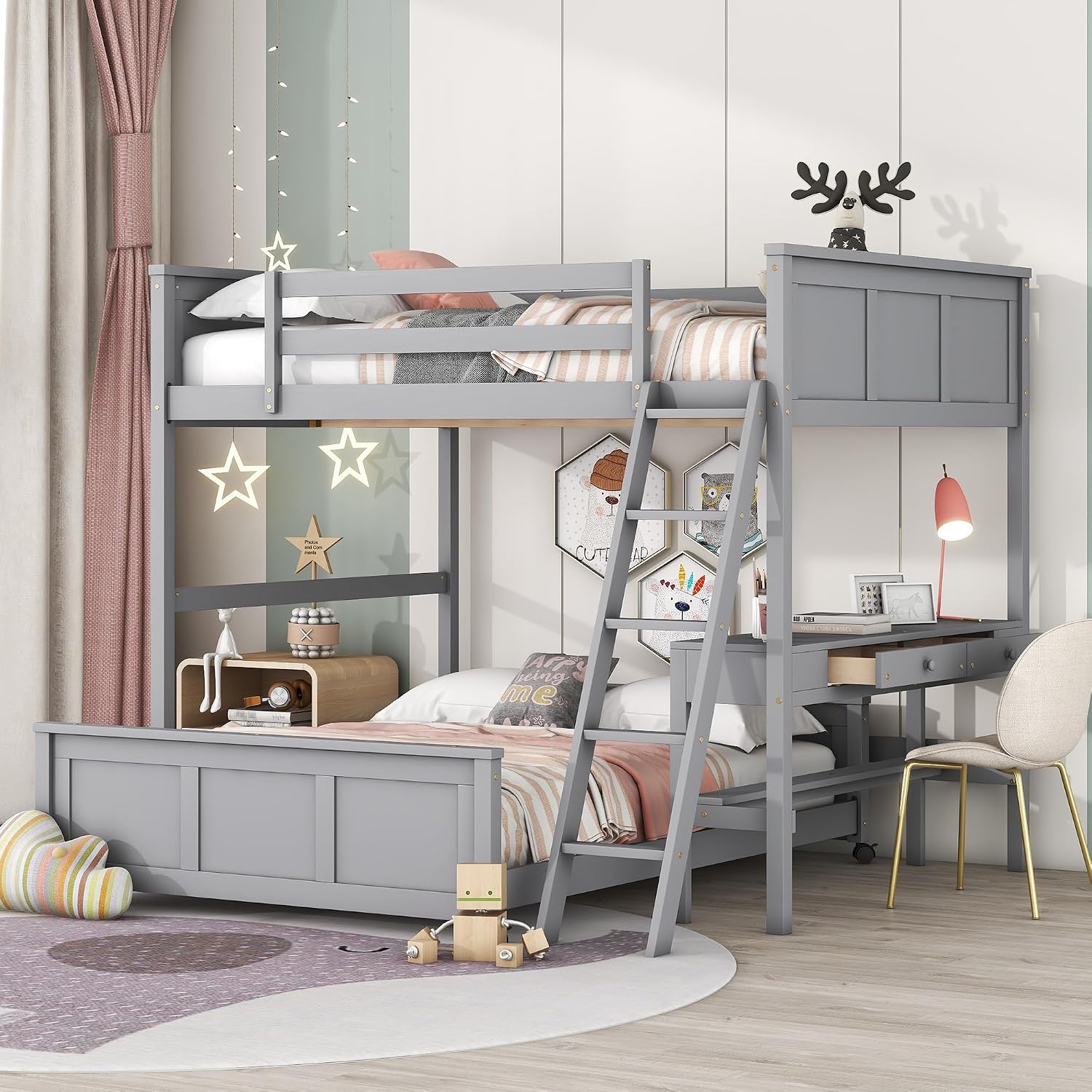 Ball & Cast Full Over Full Bunk Bed with Safty Guardrail & Stairway,Heavy Duty Wood Loft Bedframe W/Desk & Drawers,Easy Assembly,Versatile Functional Bedroom Furniture Set for Boy Girl Teens,Gray