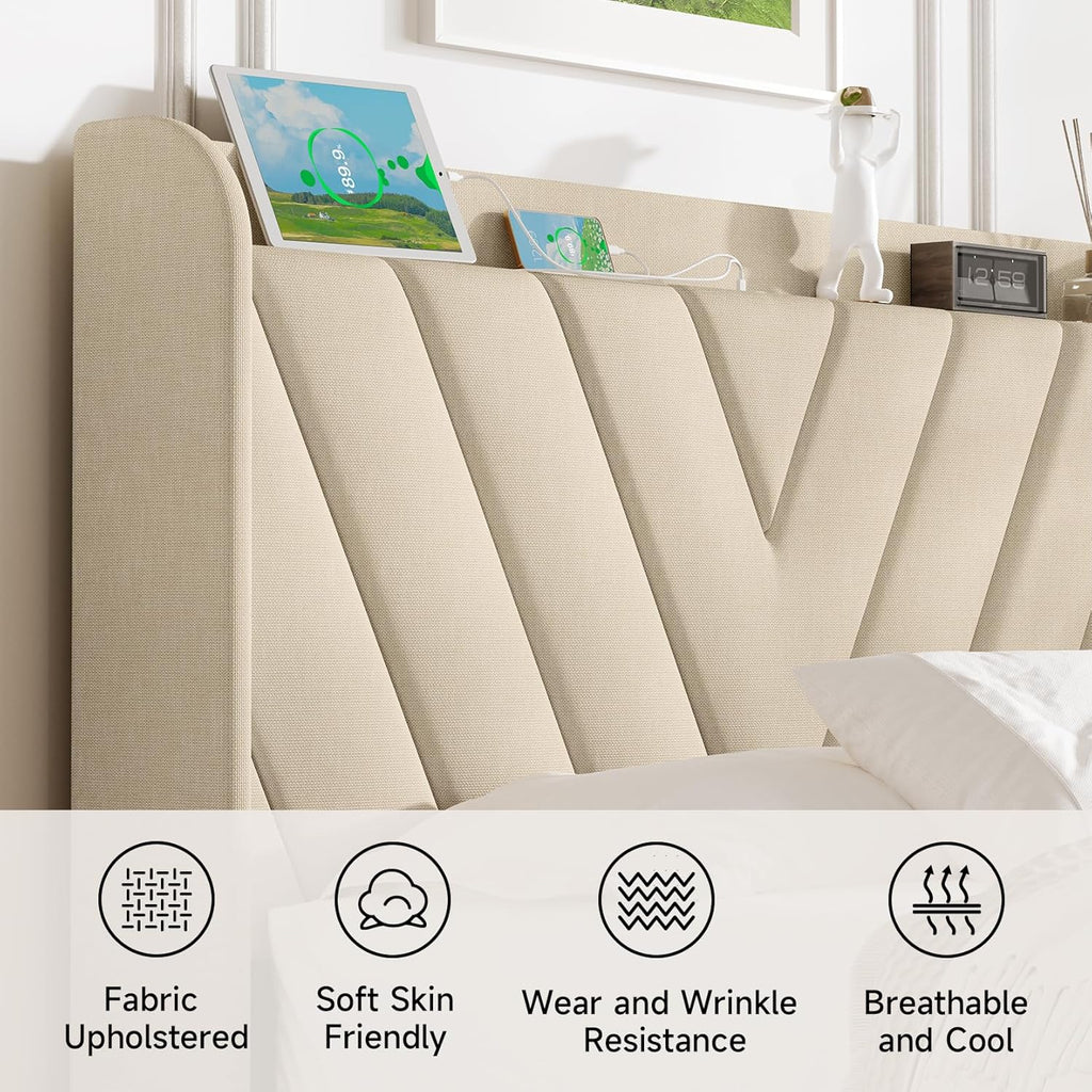 koorlian Full Size Bed Frame, Full Bed Frame with Headboard, Adjustable Upholstered Bed Frame with Type-C&USB Port, Wingback Storage Headboard, Noiseless, No Box Spring Needed, Beige