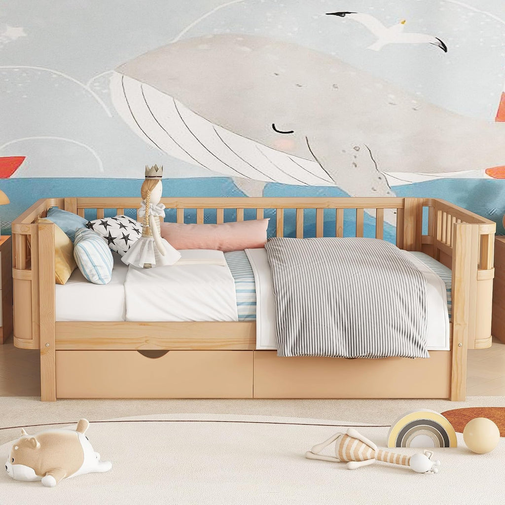 Harper & Bright Designs Twin Size Low Platform Bed Frame, Daybed with Fence and Drawers, Low Profile Bed for Kids Bed Room, Natural