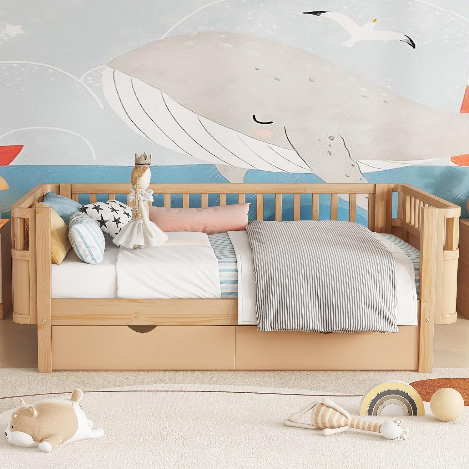 Harper & Bright Designs Twin Size Low Platform Bed Frame, Daybed with Fence and Drawers, Low Profile Bed for Kids Bed Room, Natural