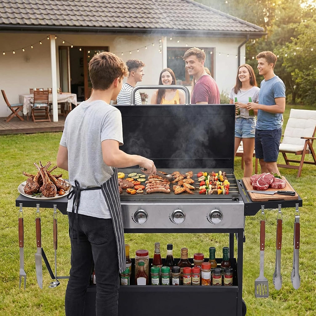 4-Burner Propane Gas Griddle with Removable Stand, 40,000 BTU Flat Top Grill with 455 sq.in Cooking Area, Portable Outdoor BBQ Grill w/Foldable Side Tables, Wheels for Patio, Backyard, Camping
