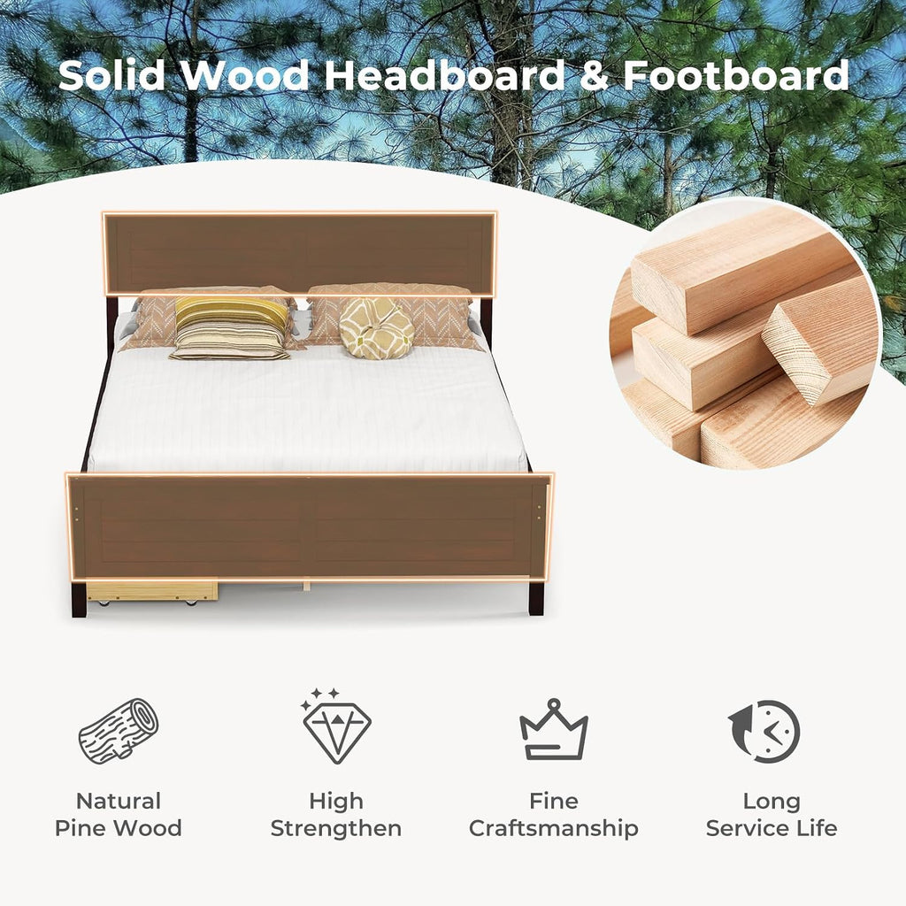 Giantex Wood Full Size Bed Frame with 2 Storage Drawers, Solid Wood Platform Bed with Headboard, Wooden Slats Mattress Foundation, No Spring Needed, Full Bed Frame for Kids, Teens, Adults, Espresso