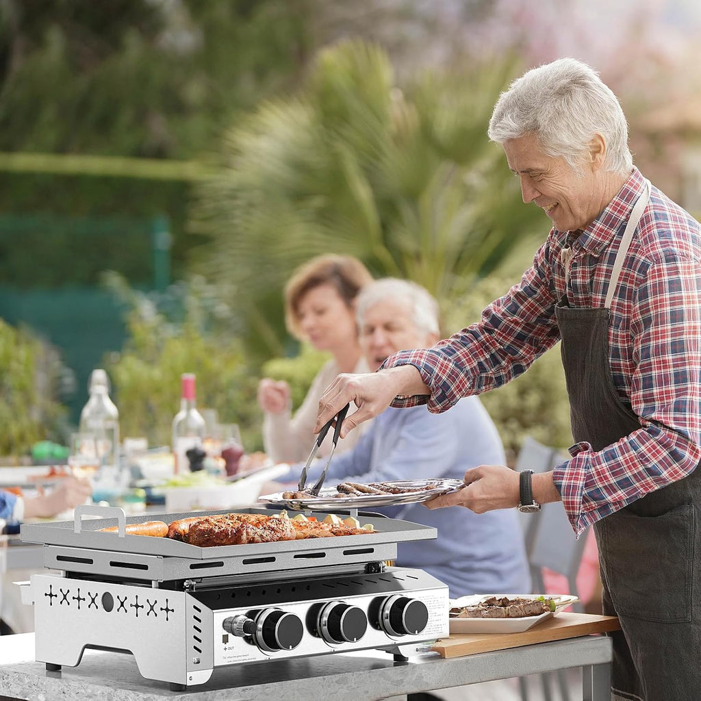 WAA 24000BTU Portable Propane Griddle, Tabletop Portable Propane Gas Grill with 3 Burners, Stainless Steel Flat Top Grill, Outdoor Cooking for Tailgating, Camping, RVs, BBQ, Patio, Silver