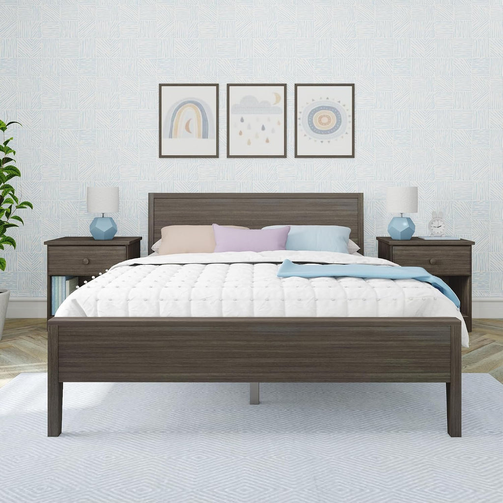 Max & Lily Queen Bed, Solid Wood Queen Bed Frame with Panel Headboard, Kids Queen Bed with Wood Slat Support, No Box Spring Needed, Clay
