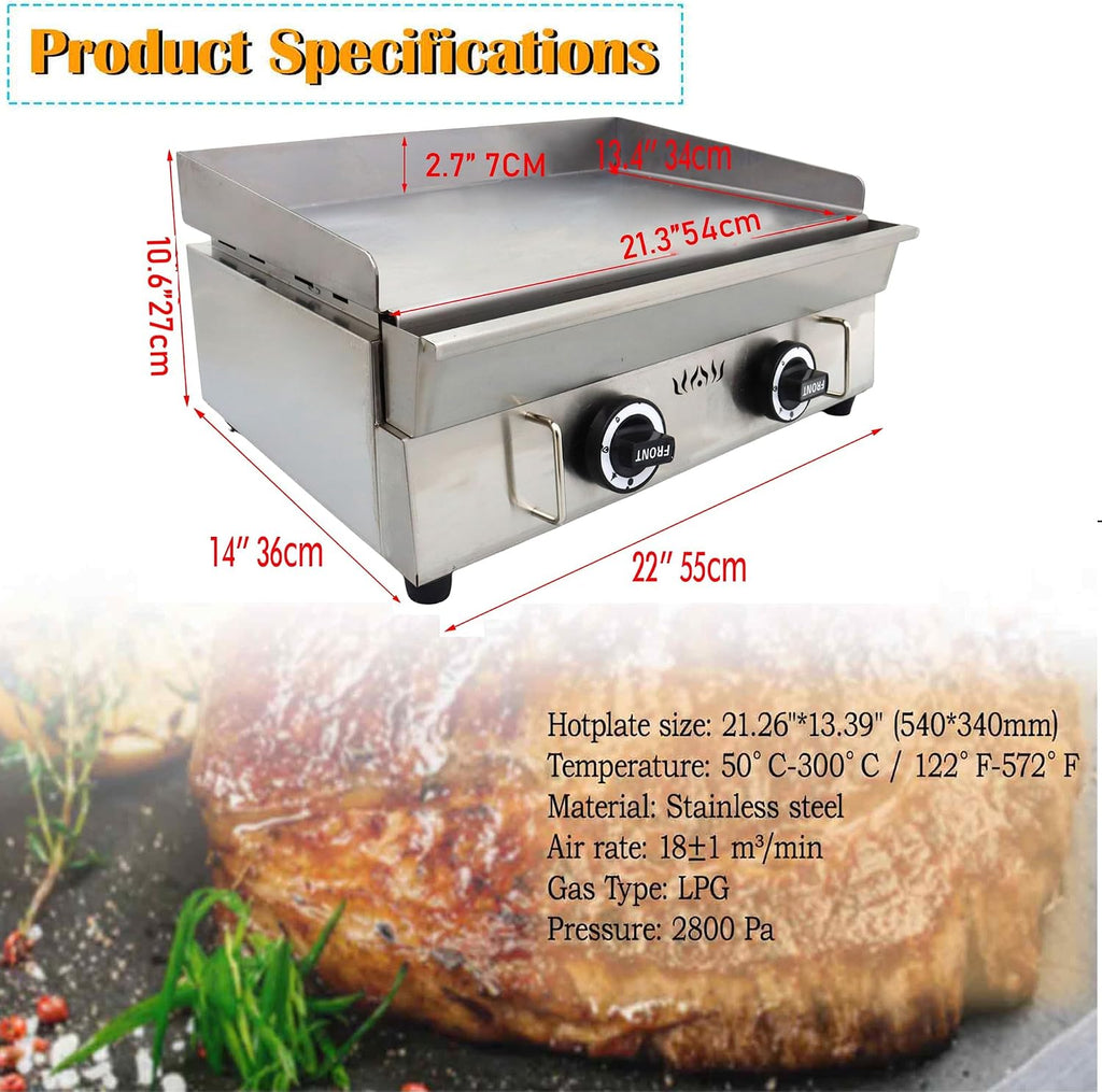 Commercial Stainless Steel LPG Gas Griddle Grill, 21.3' x 13.4' Flat Top Countertop Griddle for Steak, Pancakes & Teppanyaki, 2800Pa, Home & Outdoor Use