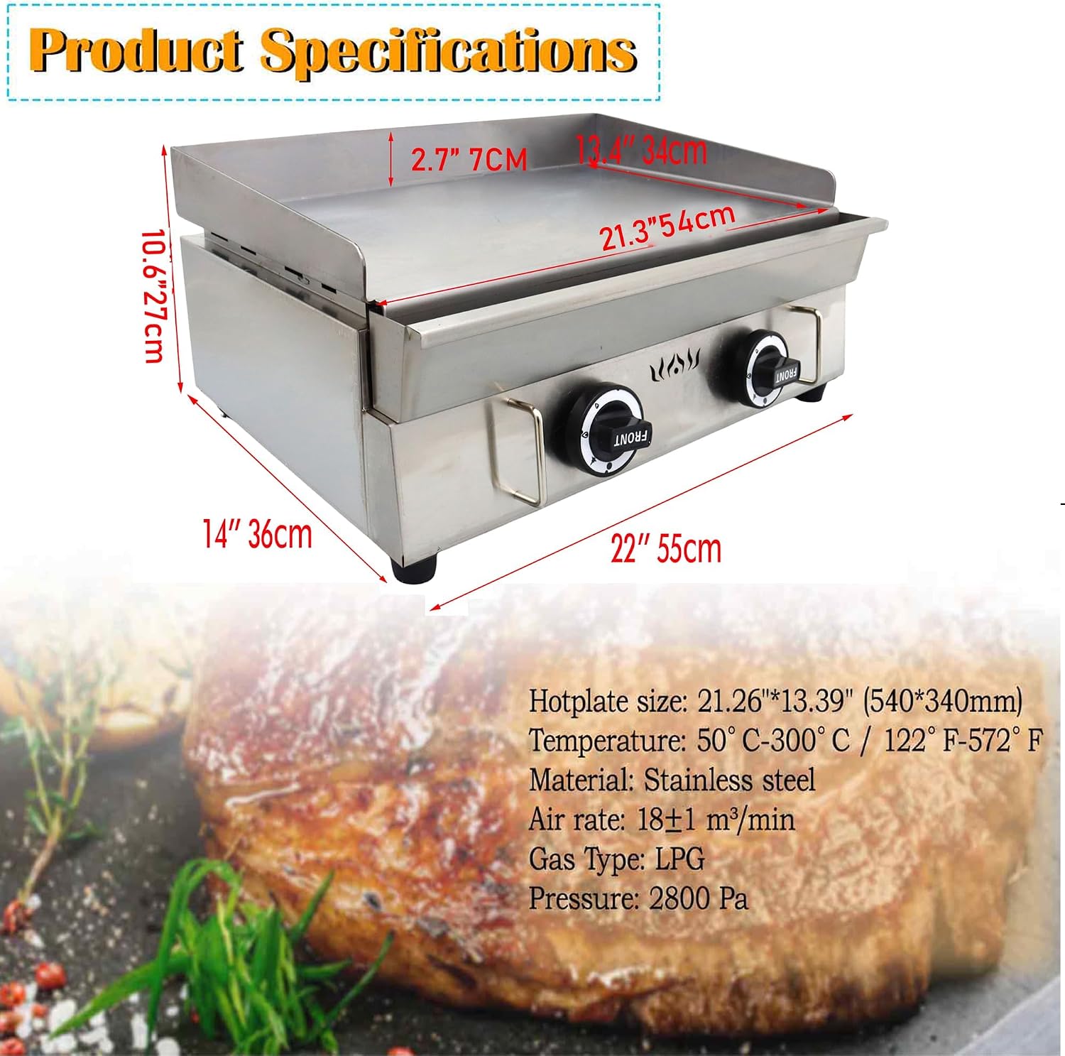 Commercial Stainless Steel LPG Gas Griddle Grill, 21.3' x 13.4' Flat Top Countertop Griddle for Steak, Pancakes & Teppanyaki, 2800Pa, Home & Outdoor Use