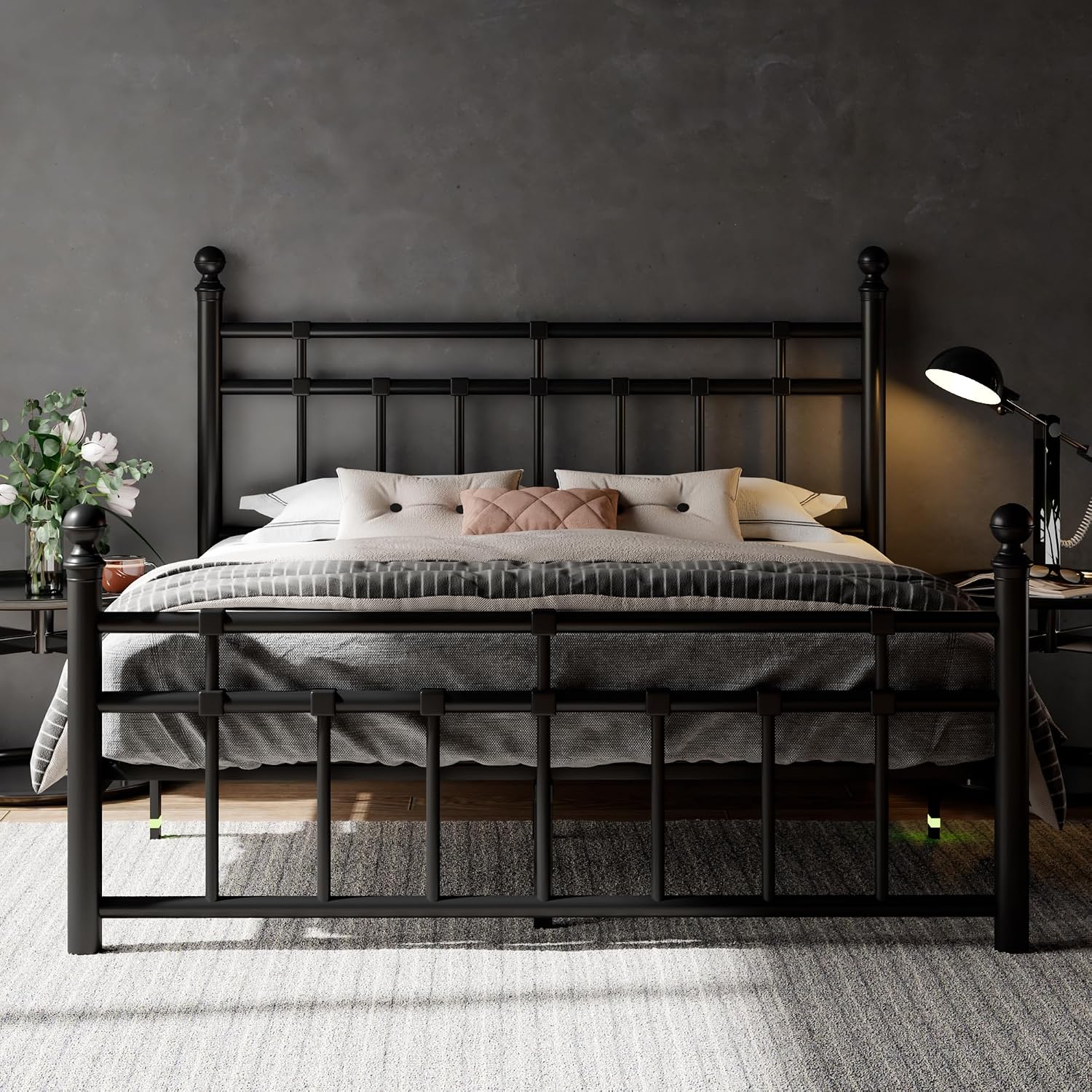 Feonase Full Size Metal Platform Bed Frame with Victorian Classic Iron-Art Headboard & Footboard, Heavy Duty Slats, 12' Under Bed Storage, No Box Spring Needed, Easy Assembly, Noise-Free, Black