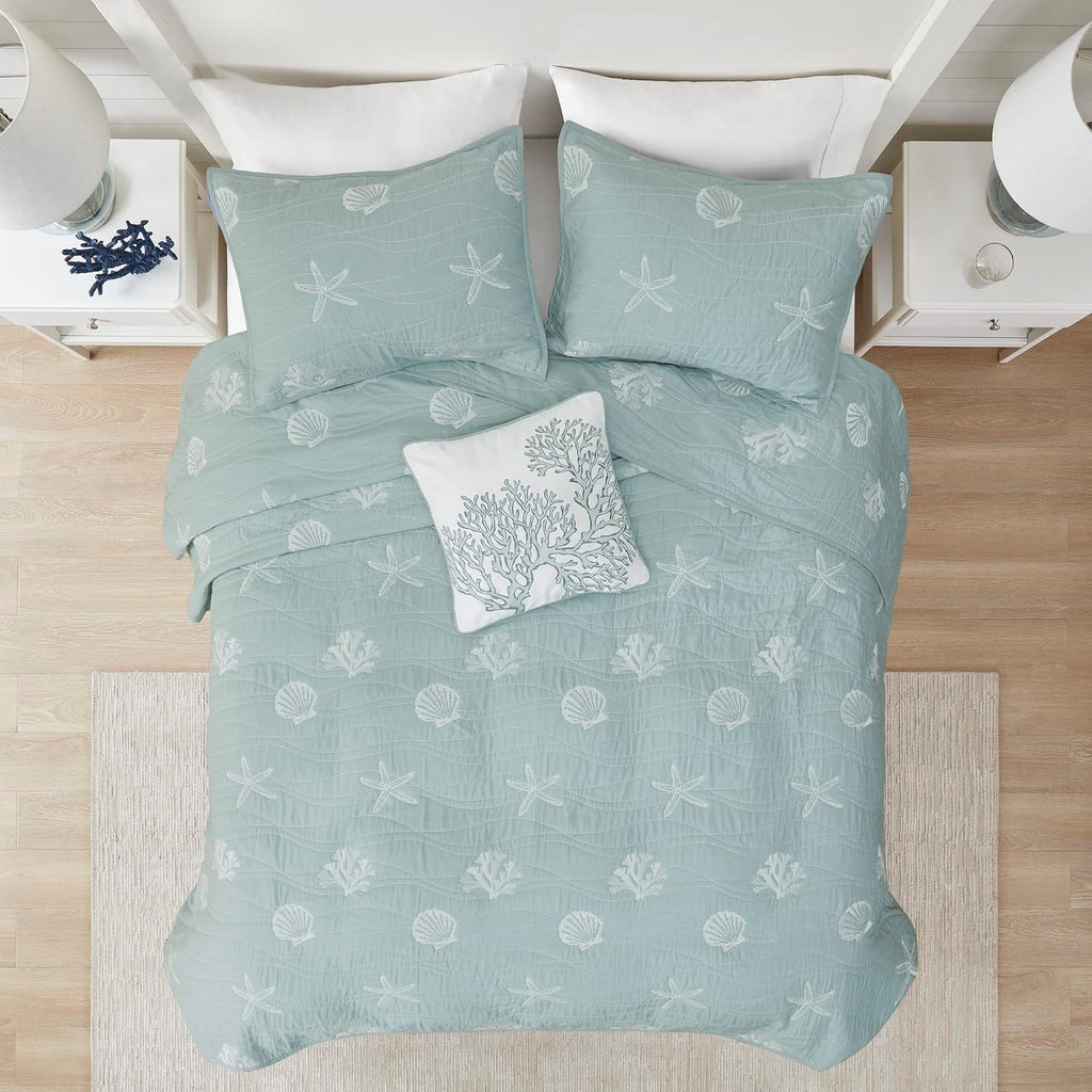 Harbor House Seaside Reversible Cotton Quilt Set Coastal Clam, Starfish, Coral Embroidery, All Season, Pre-Washed Coverlet Bedding Layer, Decorative Pillow, King/Cal King(108'x90') Seafoam 4 Piece