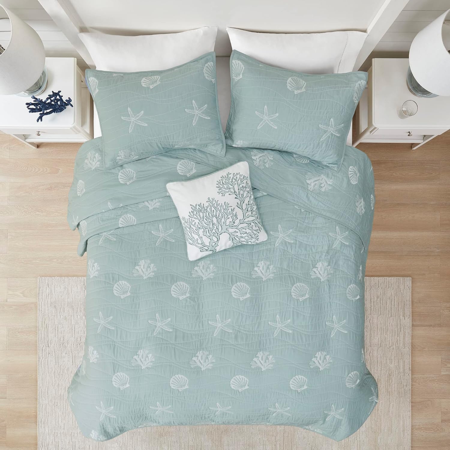 Harbor House Seaside Reversible Cotton Quilt Set Coastal Clam, Starfish, Coral Embroidery, All Season, Pre-Washed Coverlet Bedding Layer, Decorative Pillow, King/Cal King(108'x90') Seafoam 4 Piece