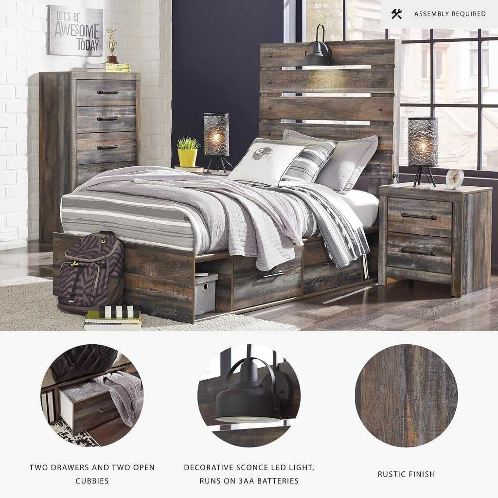 Signature Design by Ashley Drystan Rustic Twin Panel Platform Bed with 2 Storage Drawers, Open Cubbies, Sconce LED Light and USB Ports, Foundation or Box Spring Not Needed, Dark Brown & Gray