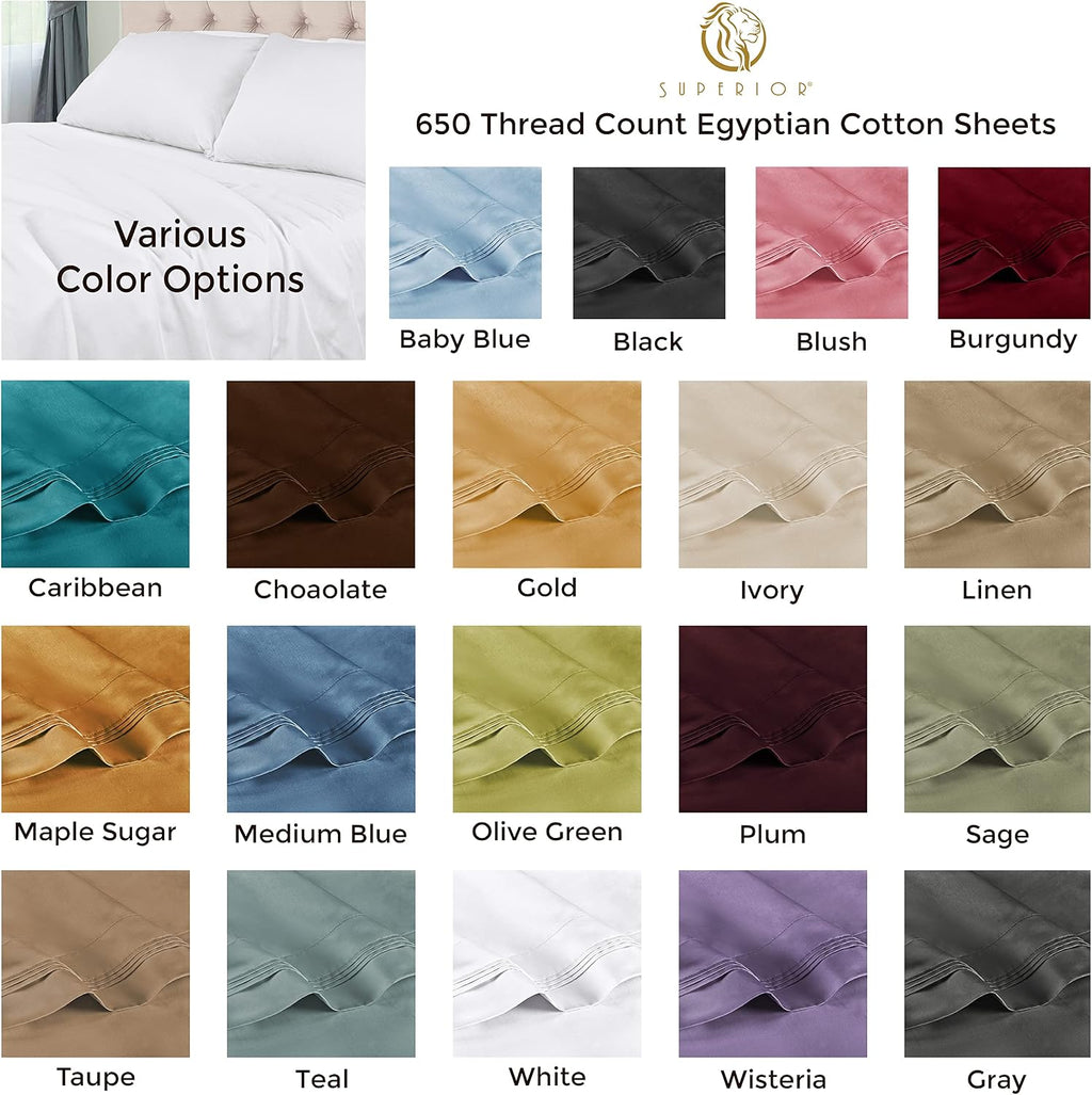 Superior Egyptian Cotton 5 Piece Sheet Set, 650 Thread Count, Eco-Friendly, Sustainable Sheets, Ultra-Soft Basics, Solid, Deep Pocket Fitted Sheets, Flat Sheet, Pillowcases, Split King, Gold