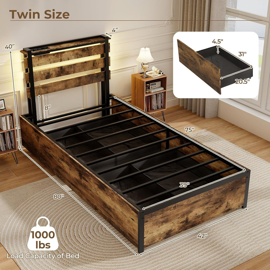 Giantex Twin Bed Frames for Kids, Twin Bed Frame with LED Lights Headboard and 4 Storage Drawers, Metal Platform Bed with Charging Station, Easy Assembly, No Box Spring Needed, Smart LED Bed Frame