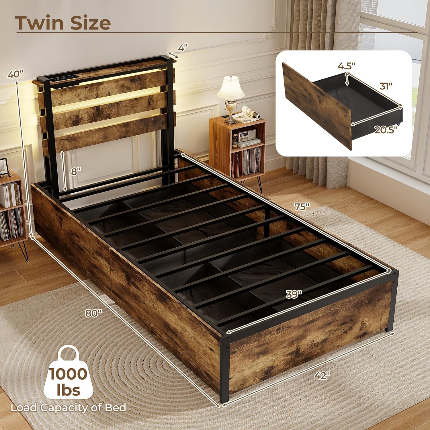 Giantex Twin Bed Frames for Kids, Twin Bed Frame with LED Lights Headboard and 4 Storage Drawers, Metal Platform Bed with Charging Station, Easy Assembly, No Box Spring Needed, Smart LED Bed Frame