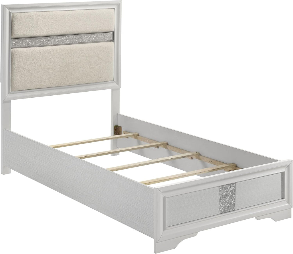 Coaster Home Furnishings Miranda Contemporary 4-Piece Bedroom Set Fabric Upholstered Twin Size Panel Bed Frame 54-inch Headboard White 205110T-S4