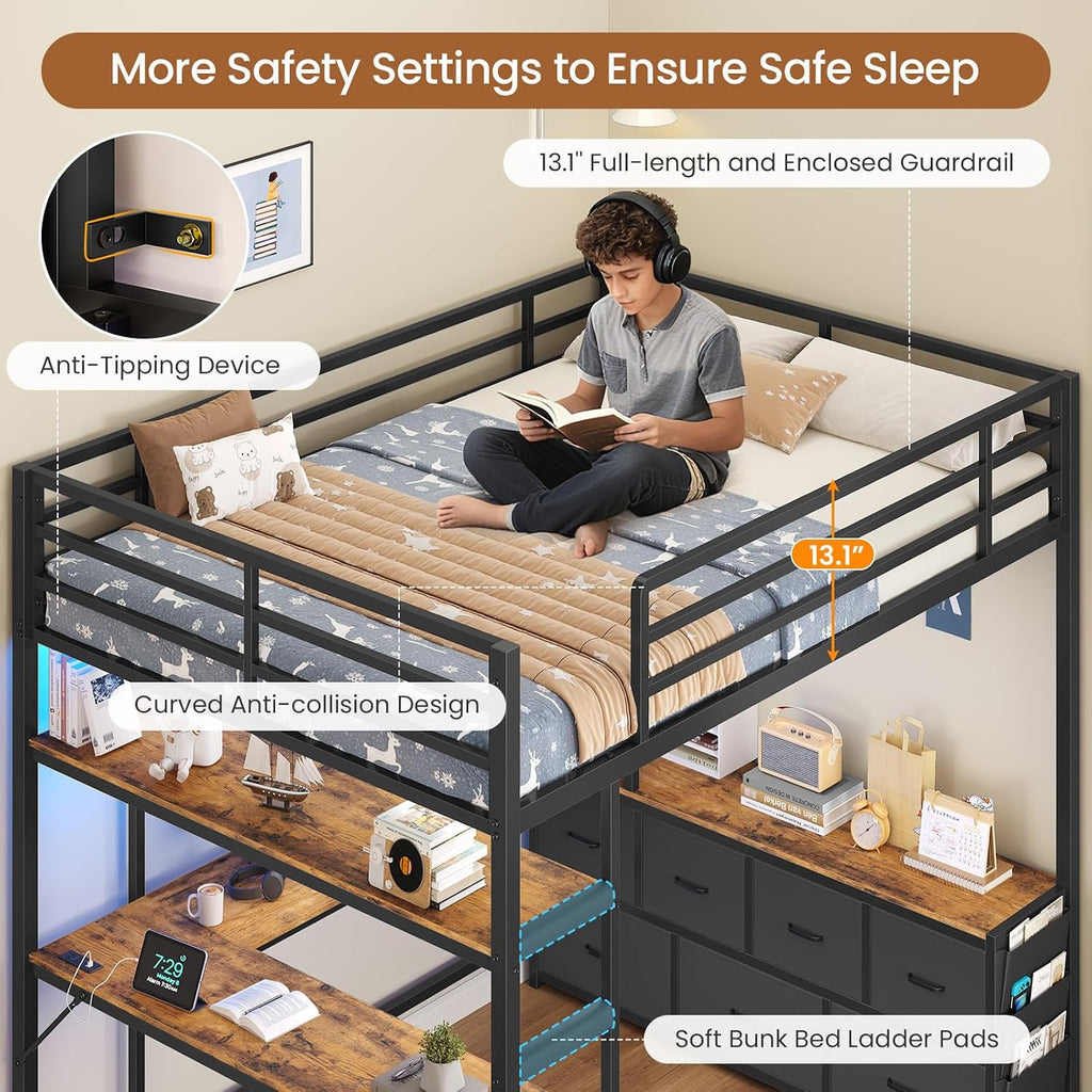 DICTAC Full Loft Bed with U-Shaped Desk,7 Storage Drawers and Charging Station,Metal Full Size Loft Bed with Led Lights and 2-Tier Storage Shelves,Teen loft Beds with Safety Guardrail & Stairs,Black