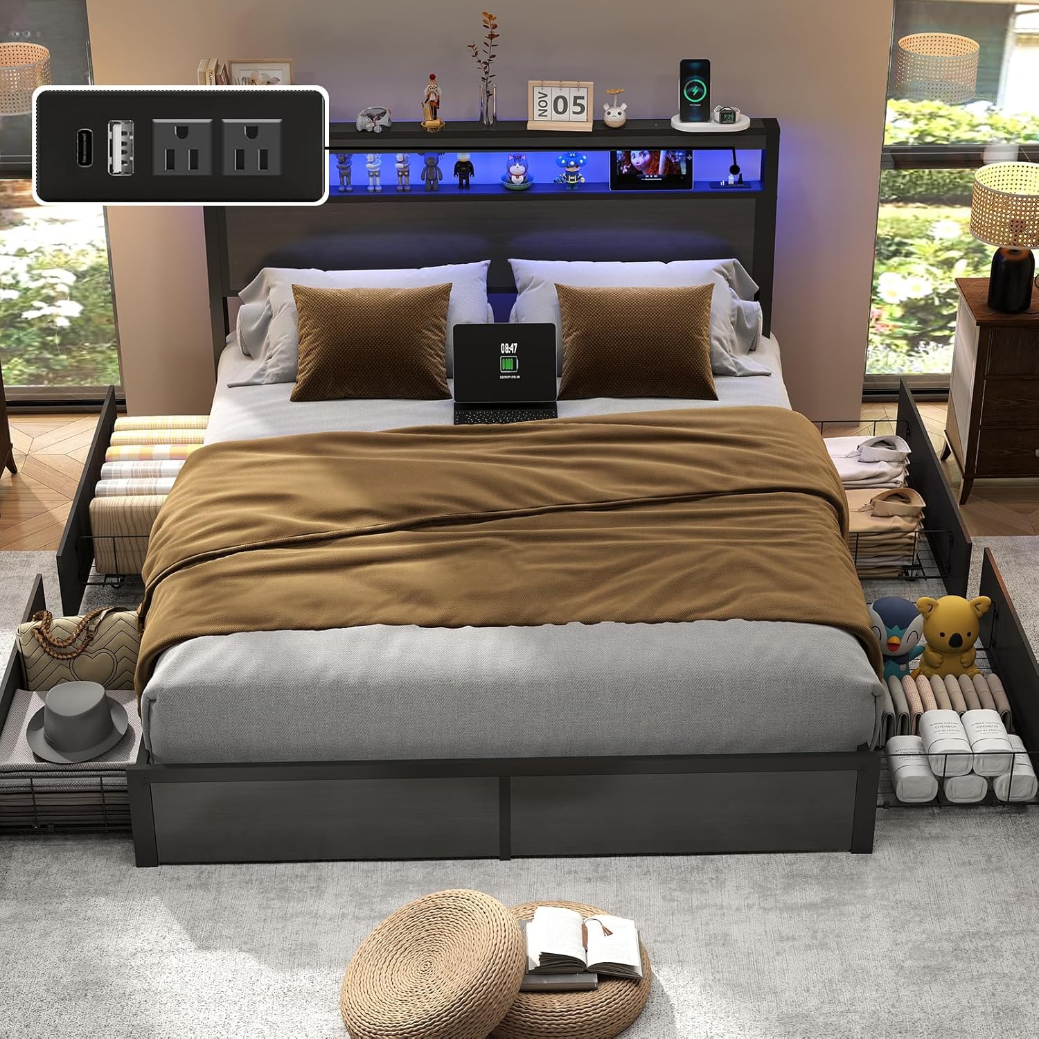 Queen Bed Frame with 2-Tier Storage Headboard and 4 Drawers, Metal Platform Bed Frame with LED & Charging Station, No Box Spring Needed/Noise Free/Easy Assembly, Rustic Grey