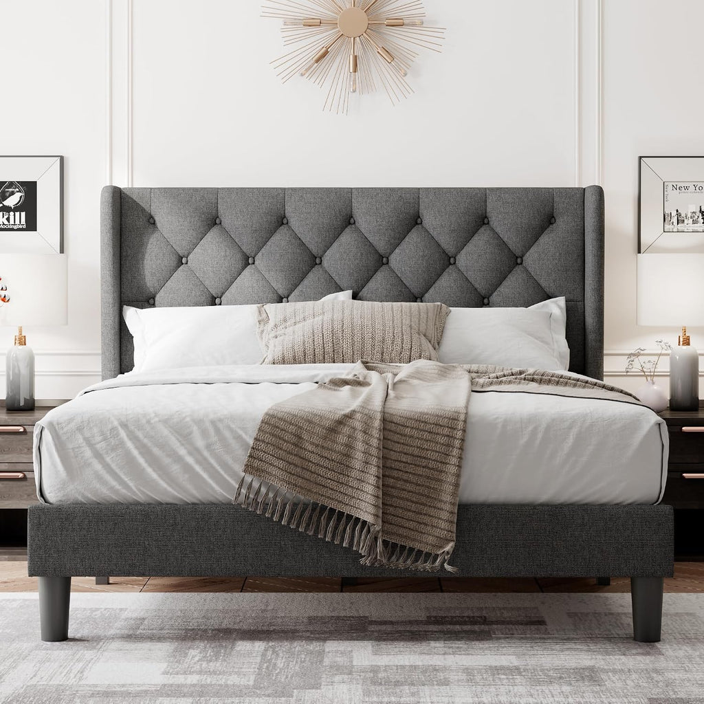 Feonase Queen Size Bed Frame with Diamond Tufted Wingback Headboard, Morden Upholstered Platform Bed, Sturdy Wooden Slats Support, Noise-Free, No Box Spring Needed, Easy Assembly, Dark Gray