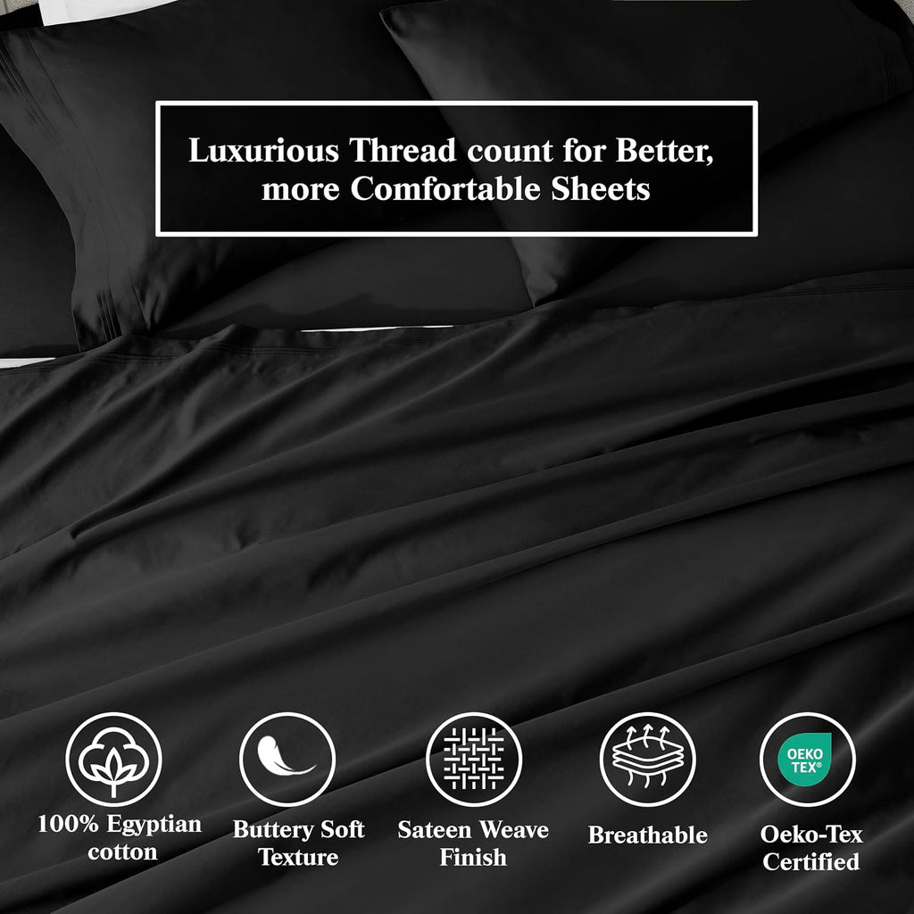 Superior Egyptian Cotton 3 Piece Sheet Set, 650 Thread Count, Eco-Friendly, Sustainable Sheets, Ultra-Soft Basics, Solid, Deep Pocket Fitted Sheet, Flat Sheet, Pillowcase, Twin, Black
