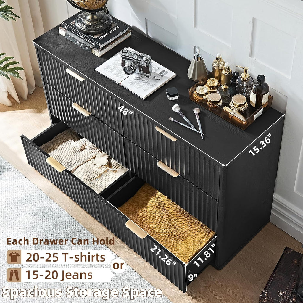 LEYAOYAO Fluted Dresser and 3 Drawers Nightstand Set of 2, Wood 48' Wide Dresser & 23' Night Stand with Charging Station, 3 Piece Bedroom Furniture Set, Chest of Drawers for Home,Living Room,Black
