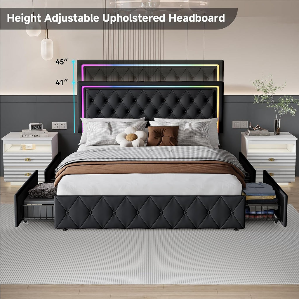 LED Full Size Bed Frame with Headboard and Storage,Full Bed Frame with 4 Storage Drawers and LED Lights,Velvet Upholstered Platform Bed Frame Full Size with Charging Station,No Box Spring Needed,Black