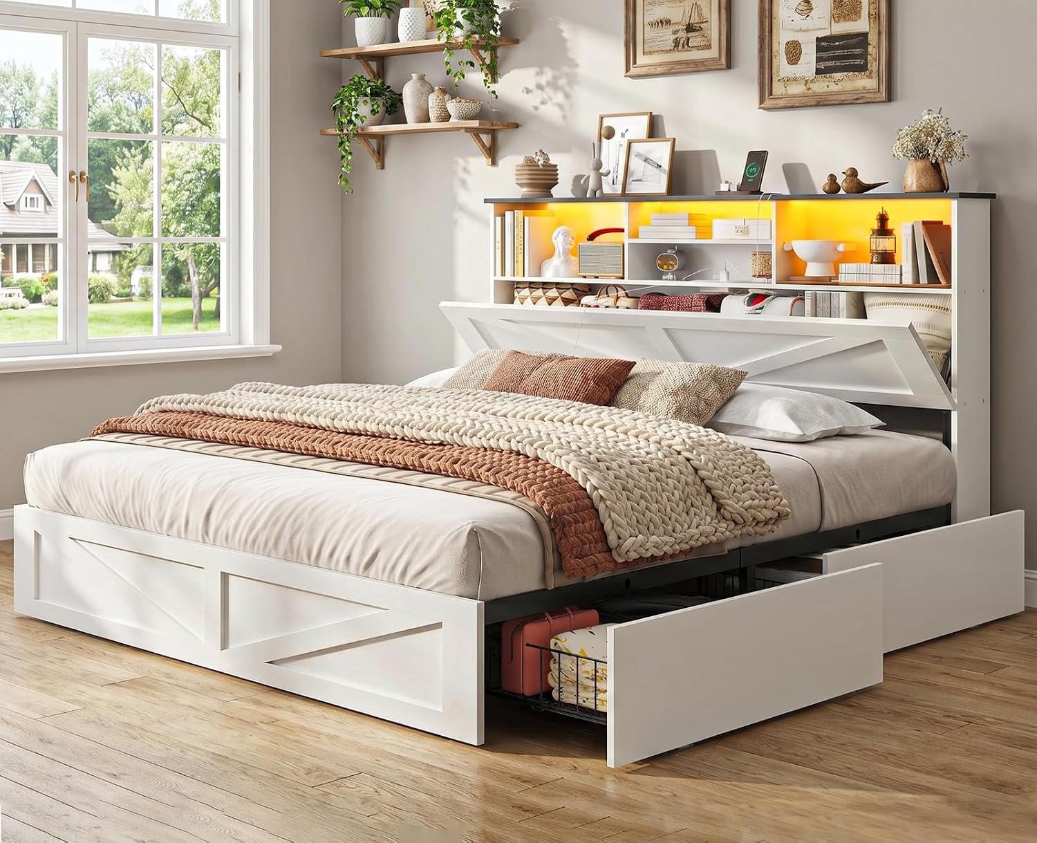 AOGLLATI Queen Bed Frame with Storage Bookcase Headboard and 4 Drawers,Wooden Farmhouse Led Bed Frame Queen Size with Charging Station & Metal Slats,White