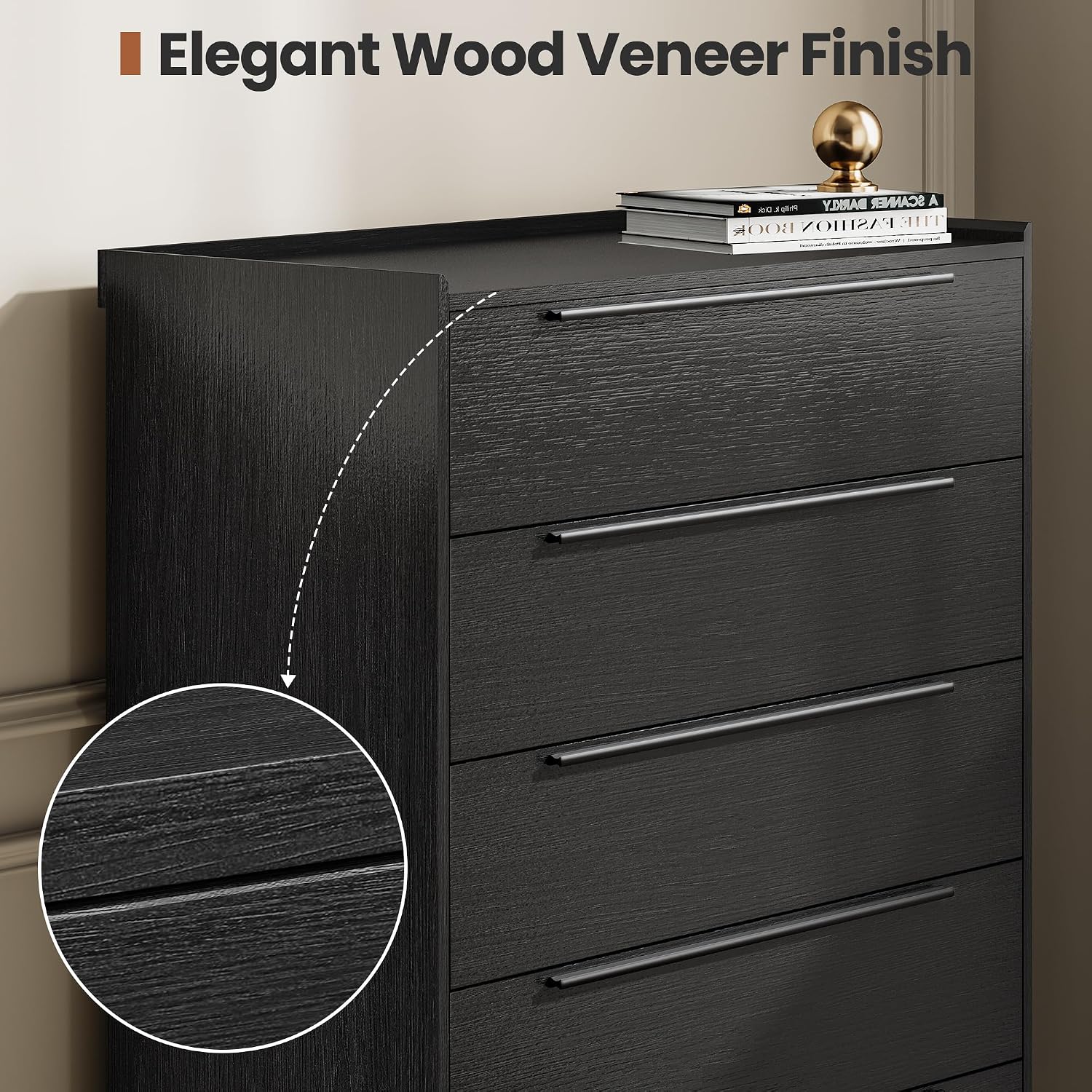 31' W x 48' H Black 5 Drawer Dresser for Bedroom, Modern Tall Chest of Drawers with Raised-Edge Gallery Top, Metal Handles, Tapered Legs, Black Oak