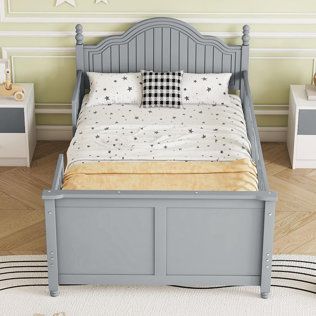 Twin Kids Bed Frame with Full-Length Guardrails, Low Profile Wood Platform Bed with Headboard & Footboard, Removable Safety Rails, 6.7' Under-Bed Storage, Roman Column Design, Twin Size, Gray