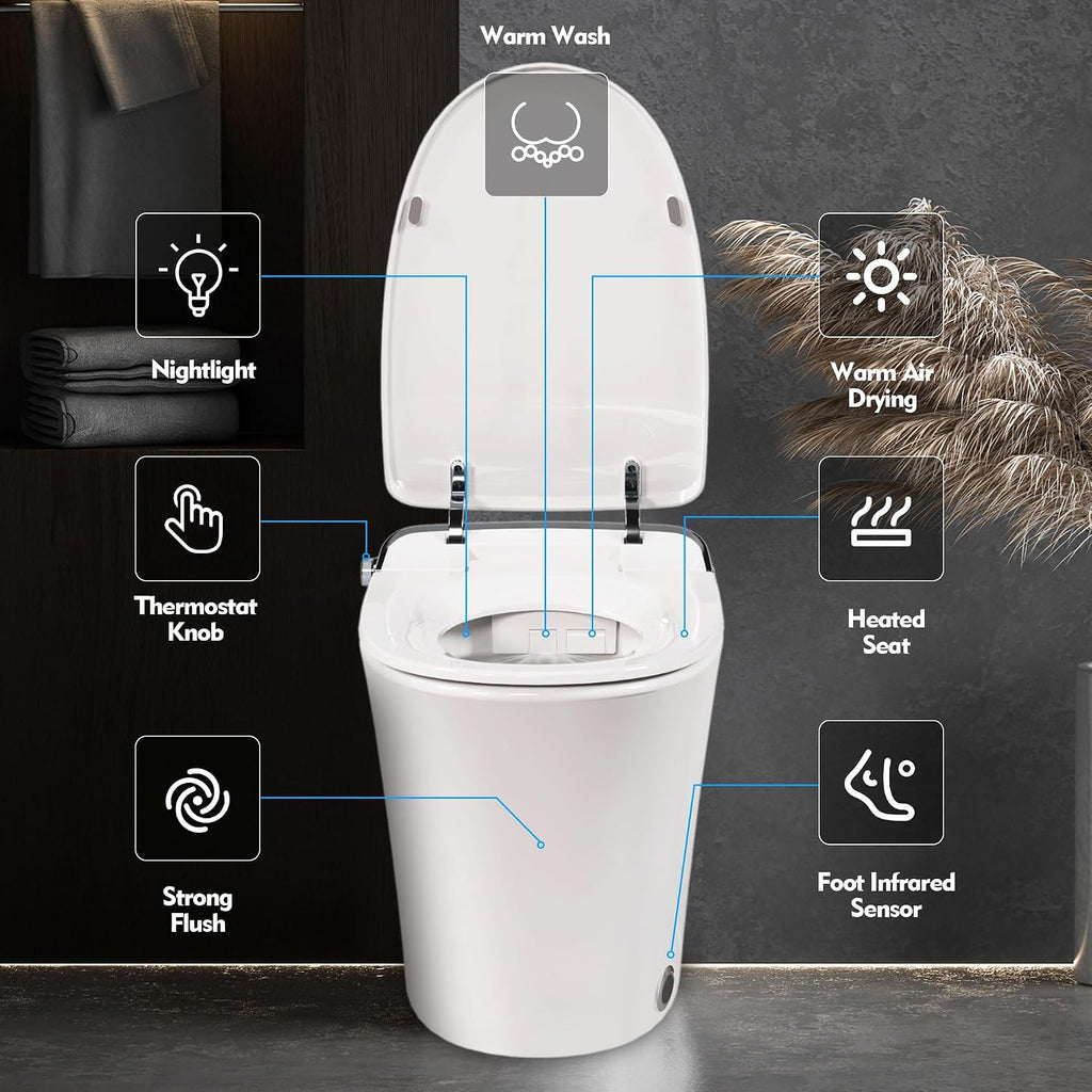 Smart Toilet with Bidet Built in, Tankless Toilet Bidet Combo with Foot Sensing, Elongated Heated Bidet Seat, Knob Control, LED Light