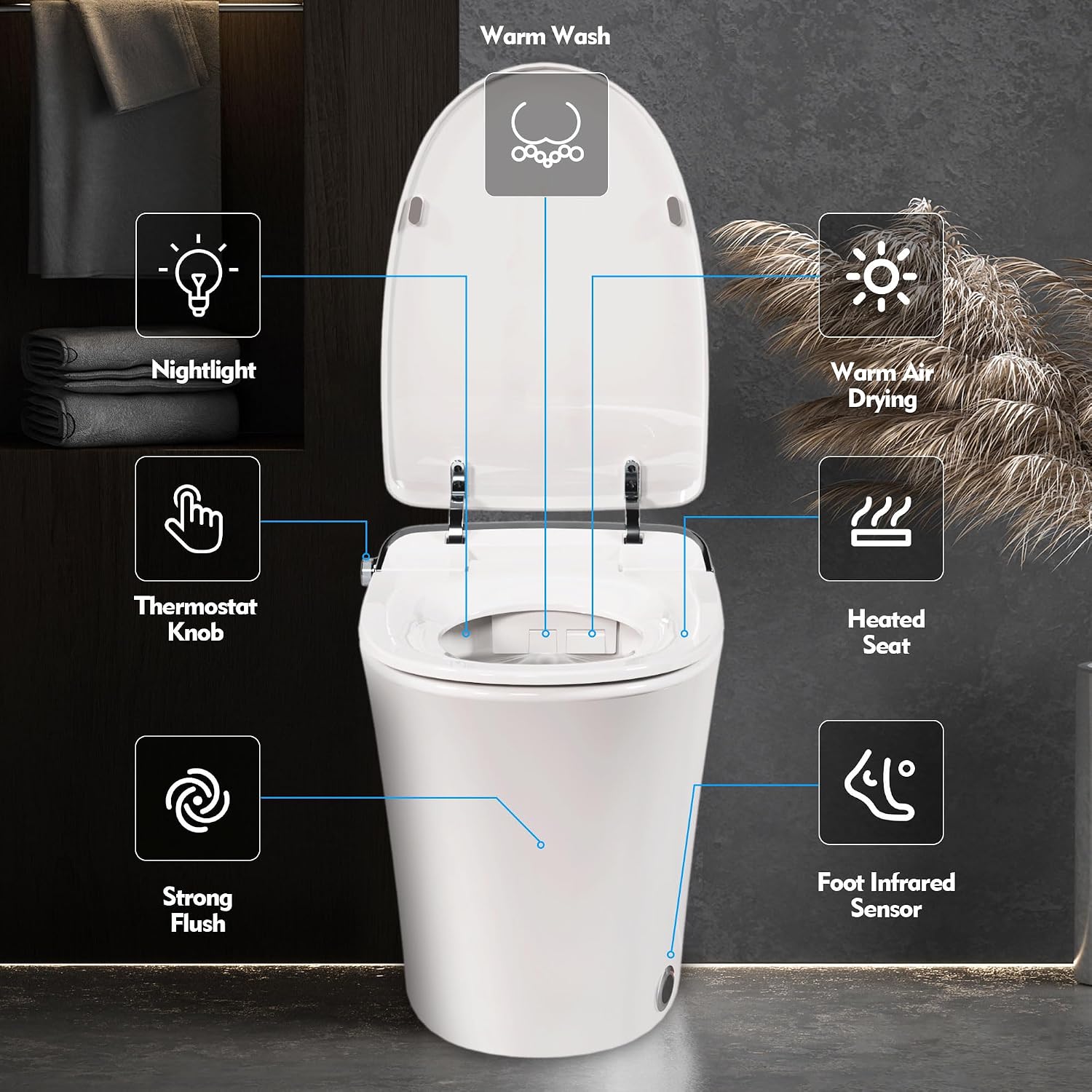 Smart Toilet with Bidet Built in, Tankless Toilet Bidet Combo with Foot Sensing, Elongated Heated Bidet Seat, Knob Control, LED Light
