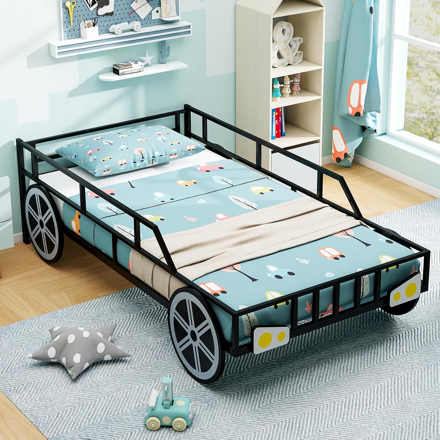 Costzon Twin Bed Frames for Kids, Car-Shaped Metal Bed with Wheels Decorations, Safety Guardrails, No Box Spring Needed, Fits Standard Twin Mattress (Mattress Not Included), Twin Bed for Boys Girls