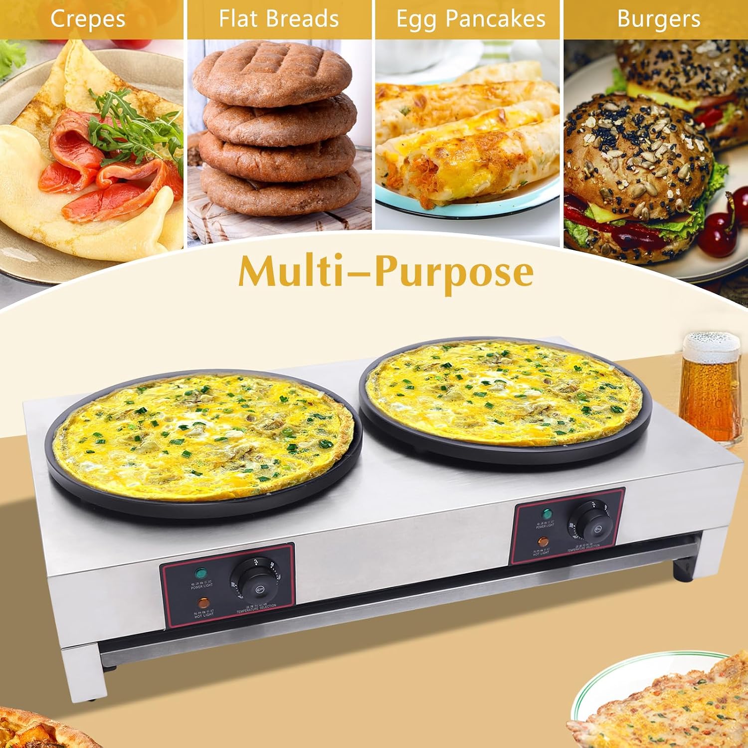 Crepe Maker, Commercial Electric Crepe Maker Machine, Non-Stick Electric Burner Griddle, 2-Burner Crepe-Making Table Stove, 110v Pancake Baking Machine, Kitchen Pancake Rake