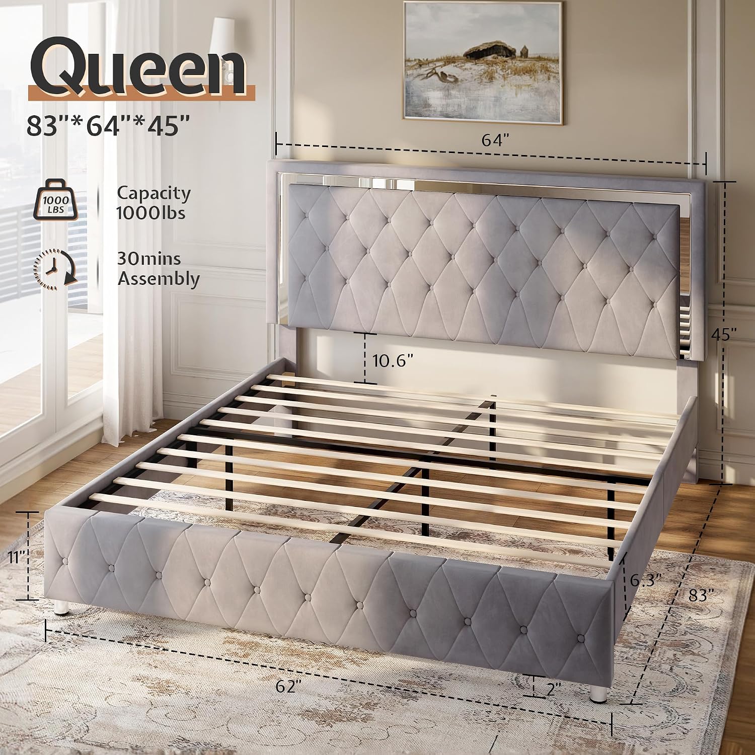 Jocisland Queen Bed Frame with LED Lights Headboard&Footboard, Velvet Upholstered Queen Size Platform Bed Frame No Box Spring Needed/Light Grey