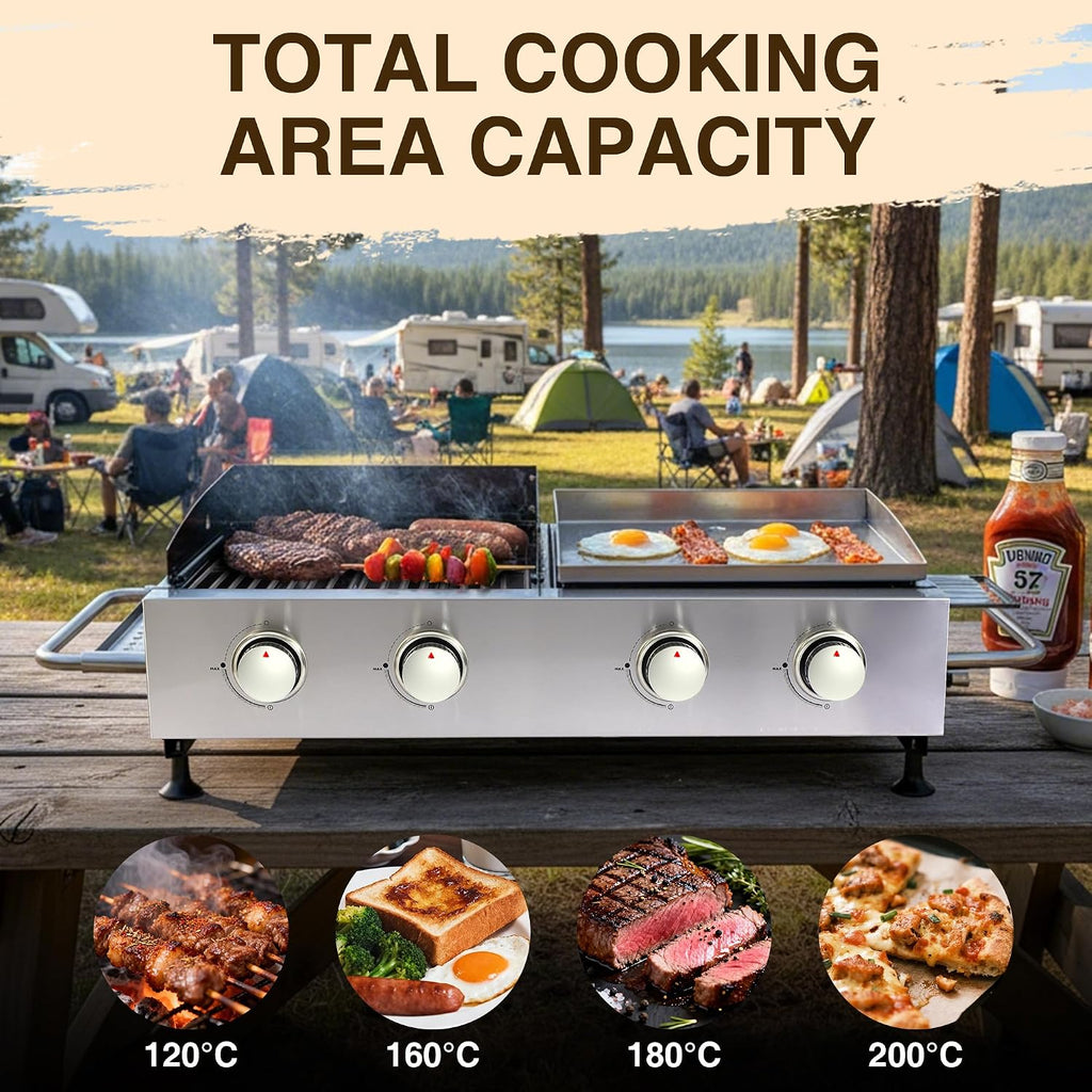 Propane Gas Griddle Grill Combo 2-in-1 – 4 Burner Flat Top Grill & Cast Iron Grate, Tabletop BBQ with Side Shelves, Stainless Steel Outdoor Cooker for Camping, Backyard, Patio, Tailgating