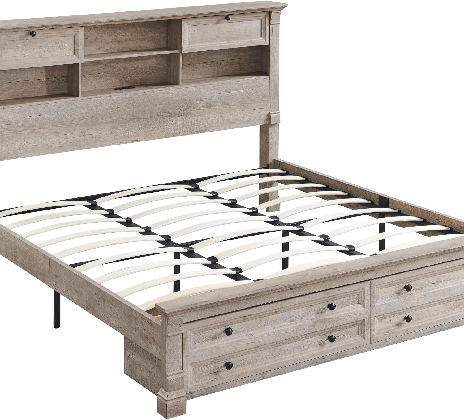 T4TREAM Farmhouse Queen Size Bed Frame with 54' Tall Storage Bookcase Headboard