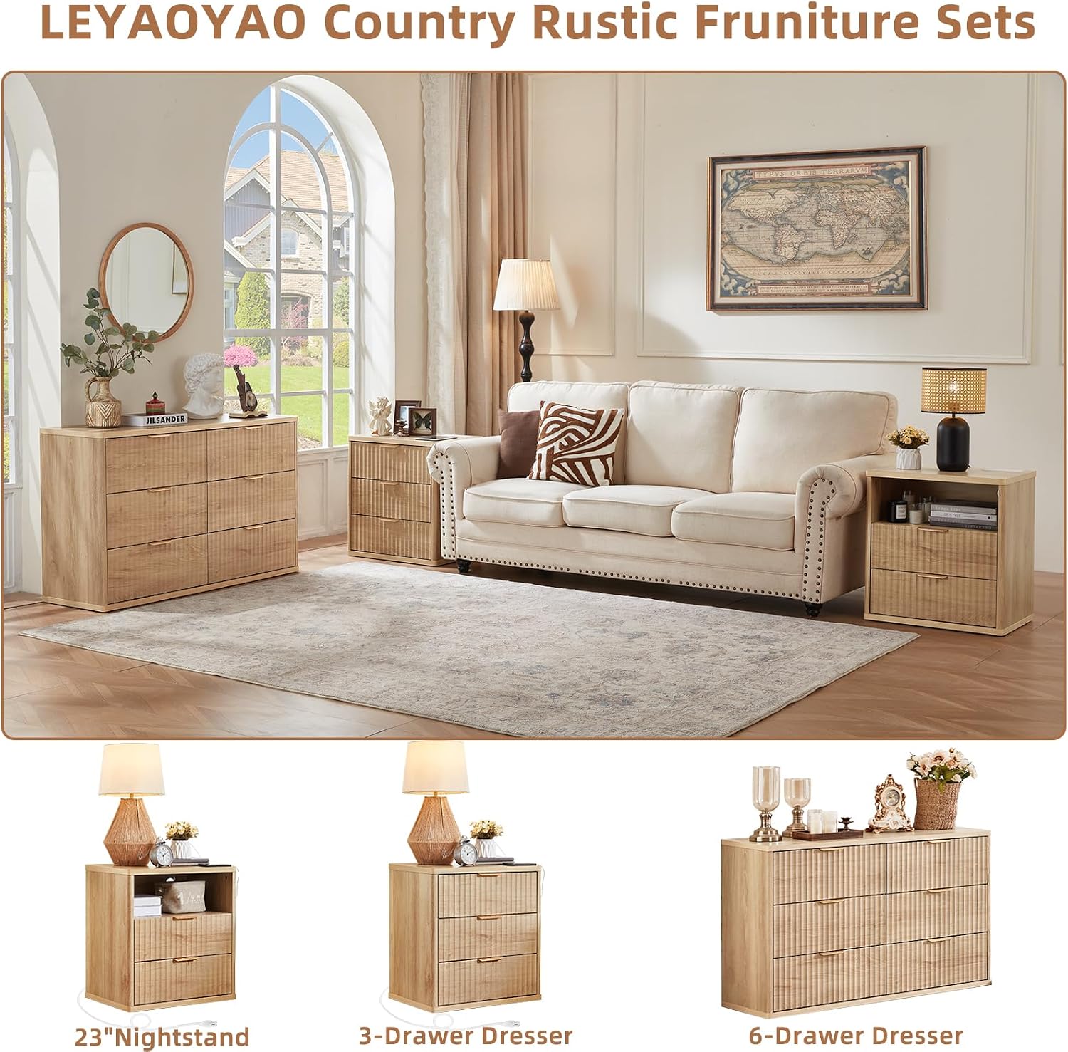 LEYAOYAO Fluted Dresser and 3 Drawers Nightstand Set of 2, Wood 48' Wide Dresser & 23' Night Stand with Charging Station, 3 Piece Bedroom Furniture Set, Chest of Drawers for Home,Living Room,Wood