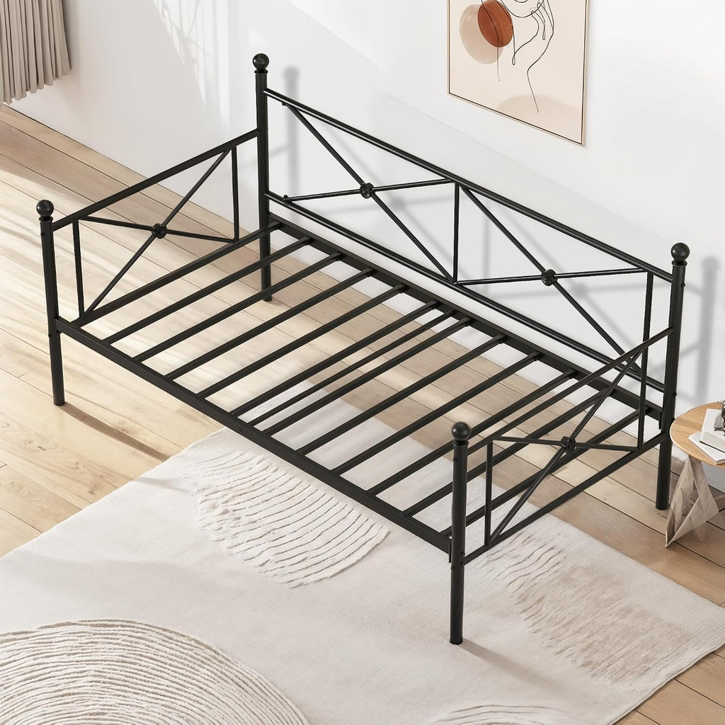 VECELO Twin Daybed Frame, Metal Day Bed with Stylish Headboard, Multifunctional Platform Beds for Bedroom, Living Room, Guest Room, No Boxing Spring Needed, Black