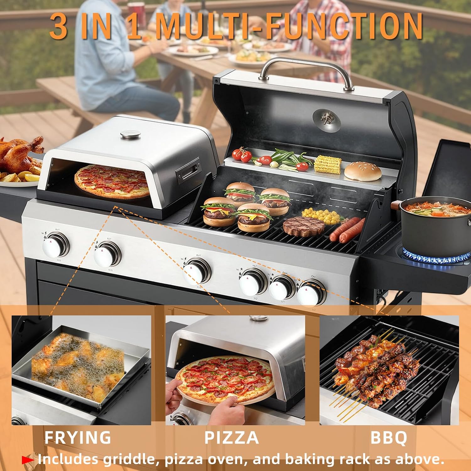 MELLCOM 3 IN 1 Pizza Griddle Grill Combo, 74,000 BTU 5 Burner Stainless Steel Propane Gas Grill with Side Burner,Pizza Oven, Griddle and Porcelain Enameled Cast Iron Grates for Outdoor Patio Backyard