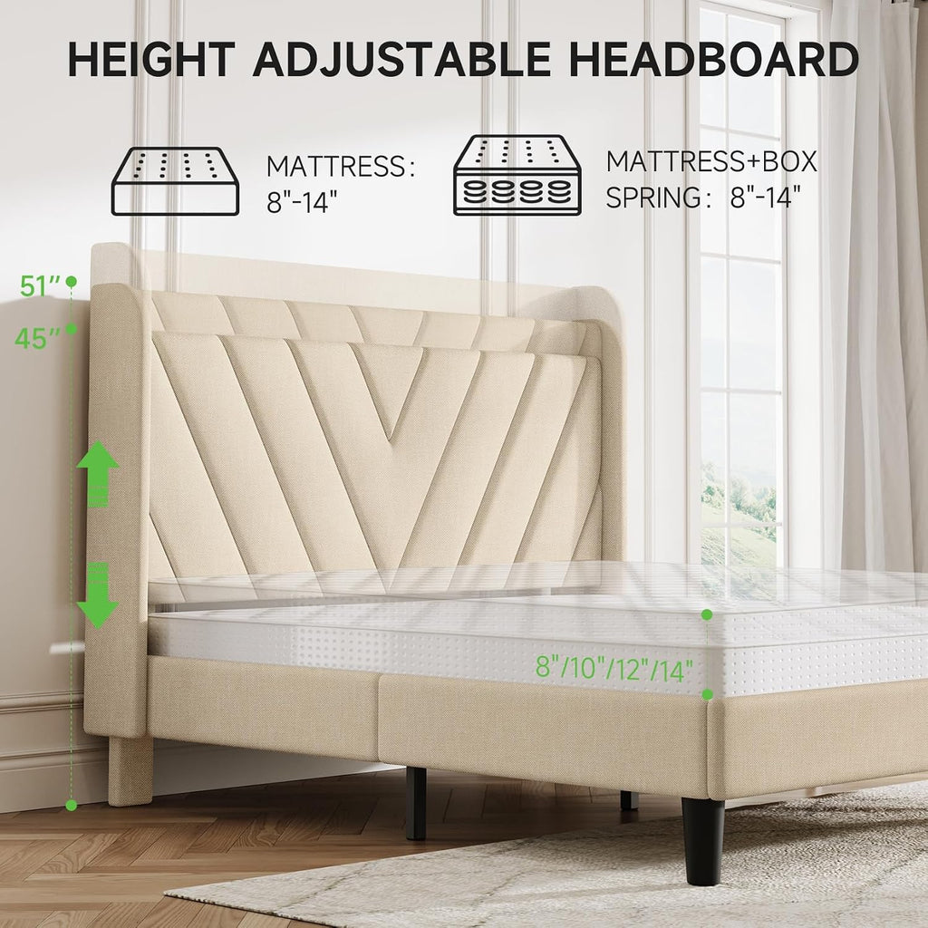 koorlian Full Size Bed Frame, Full Bed Frame with Headboard, Adjustable Upholstered Bed Frame with Type-C&USB Port, Wingback Storage Headboard, Noiseless, No Box Spring Needed, Beige