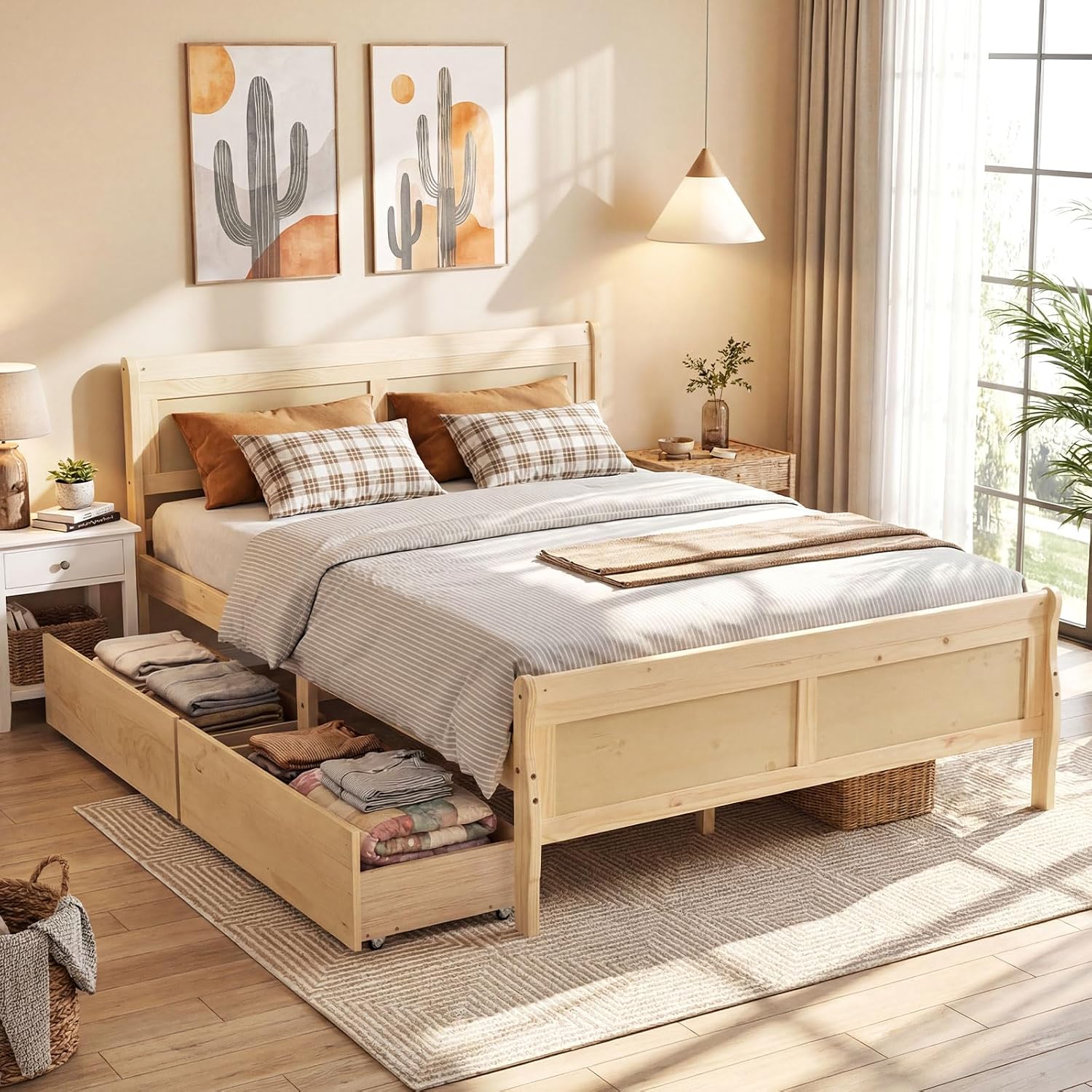 Giantex Queen Bed Frame with 2 Storage Drawers, Wood Platform Bed w/Headboard & Footboard, Wooden Slats Support Mattress Foundation, Sleigh Bedframe for Teens Adults, No Box Spring Needed (Natural)