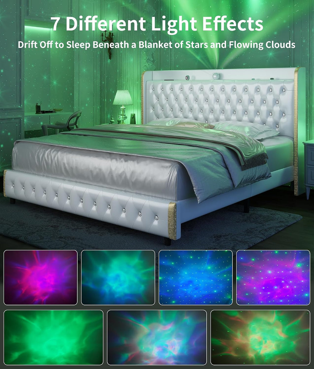 Full Modern Wingback Upholstered Platform Bed Frame with Galaxy Projector, LED Bed Frame, Sturdy Noiseless Design, Headboard with Star Accents, Simple Assembly, No Box Spring Needed, PU White