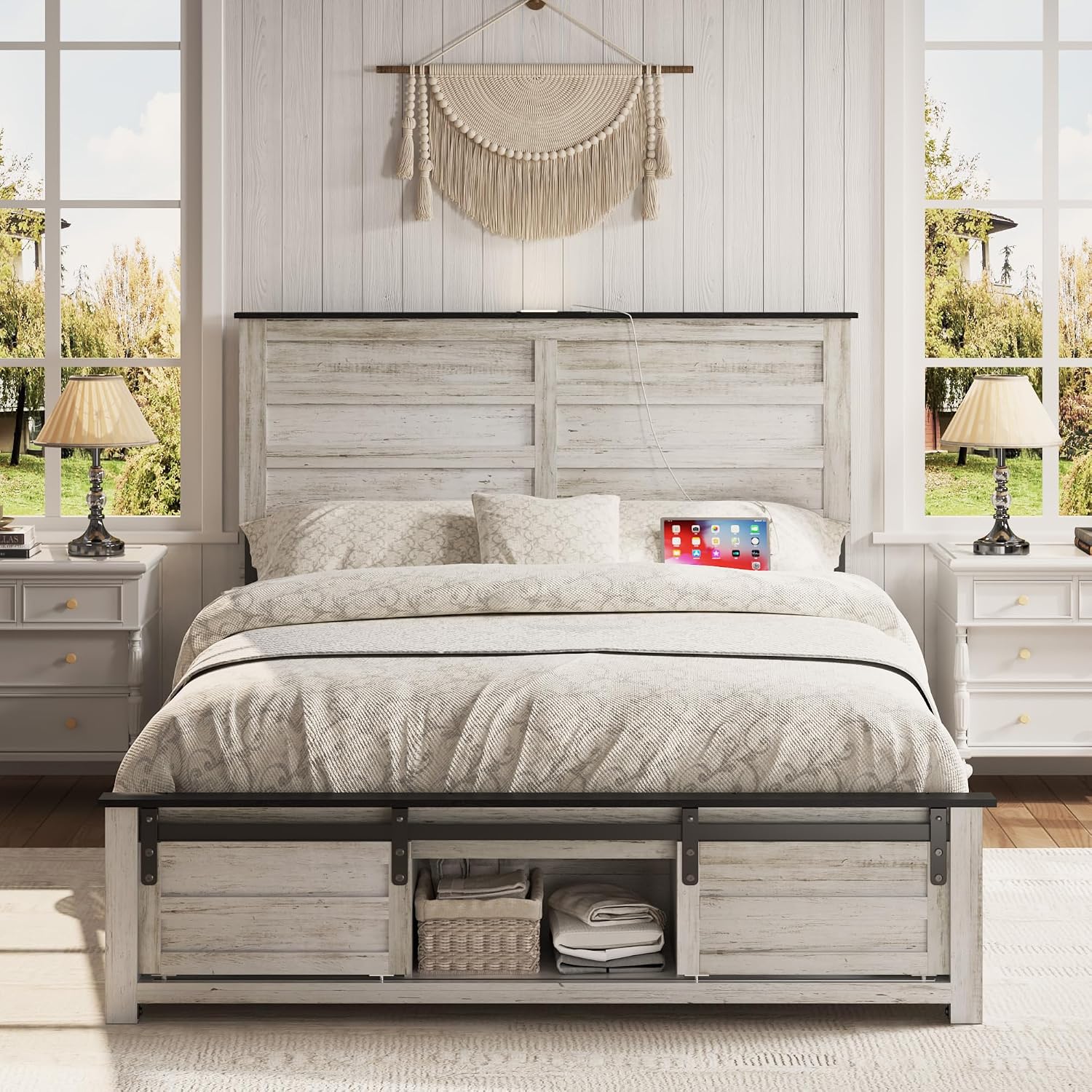 Wooden Bed Frame Full Size with Headboard & Sliding Barn Door Storage Footboard, Farmhouse Platform Bedframe with Charging Station and LED Lights, No Box Spring Needed, Boho White