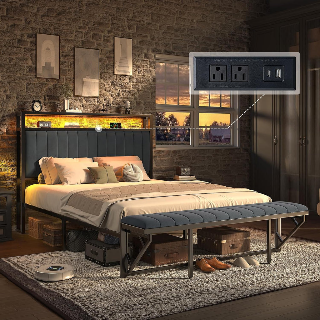 AMERLIFE Queen Size Bed Frame, Storage Headboard with Charging Station & LED Lights, Upholstered Platform Bed with Ottoman Footboard, Velvet Fabric, Metal Slats Support, Noisy Free, Grey