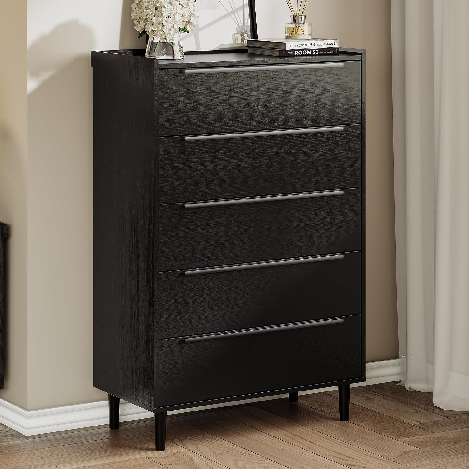 31' W x 48' H Black 5 Drawer Dresser for Bedroom, Modern Tall Chest of Drawers with Raised-Edge Gallery Top, Metal Handles, Tapered Legs, Black Oak