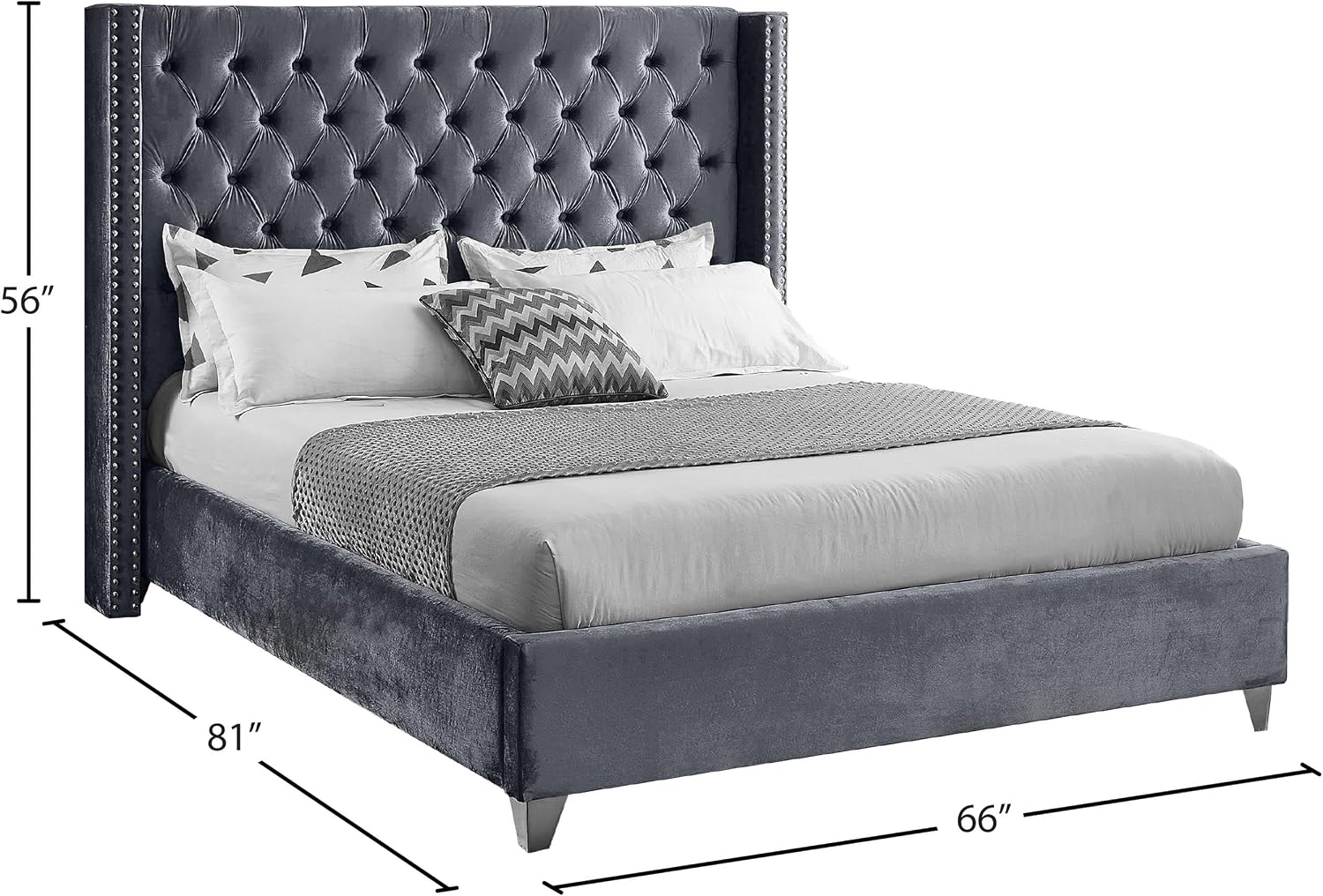 Meridian Furniture Aiden Collection Modern | Contemporary Velvet Upholstered Bed with Deep Button Tufting, Solid Wood Frame, and Custom Chrome Legs, Full, Grey