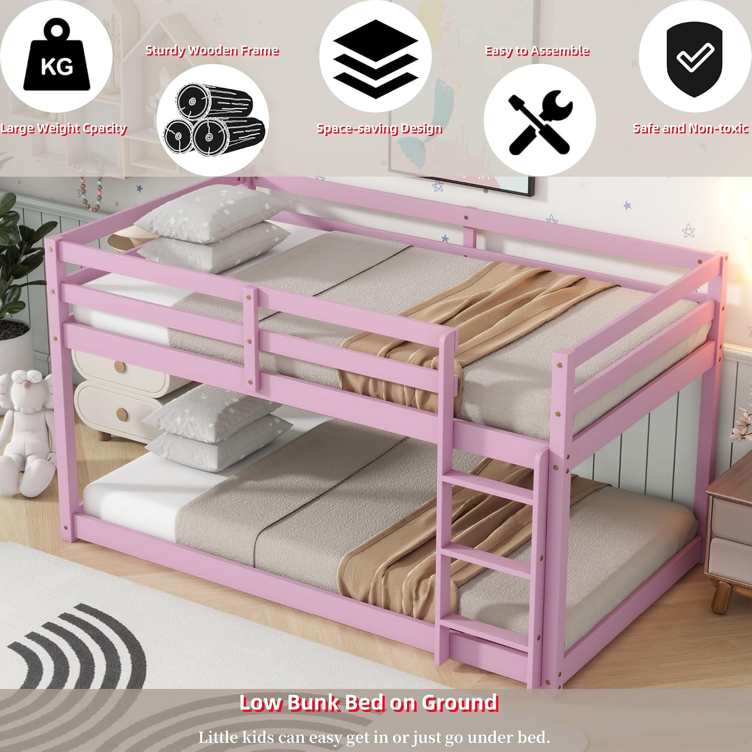 Bunk Bed Twin Over Twin, Floor Bunk Bed with Ladder, Safety Guard Rails, Heavy Duty Wooden Twin Bunk Beds Frame Low Bunkbeds No Box Spring Required, Pink
