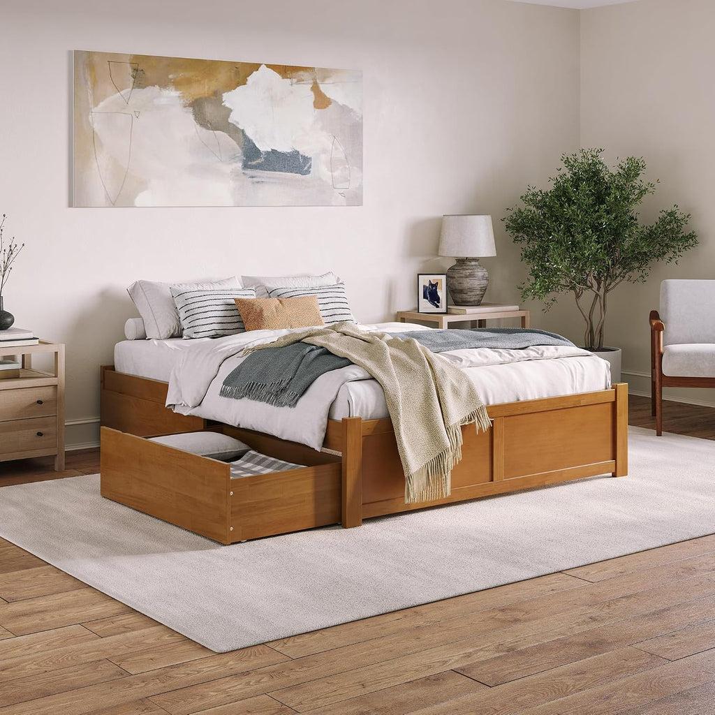 AFI Concord Queen Solid Wood Platform Bed with Footboard & Storage Drawers in Light Toffee